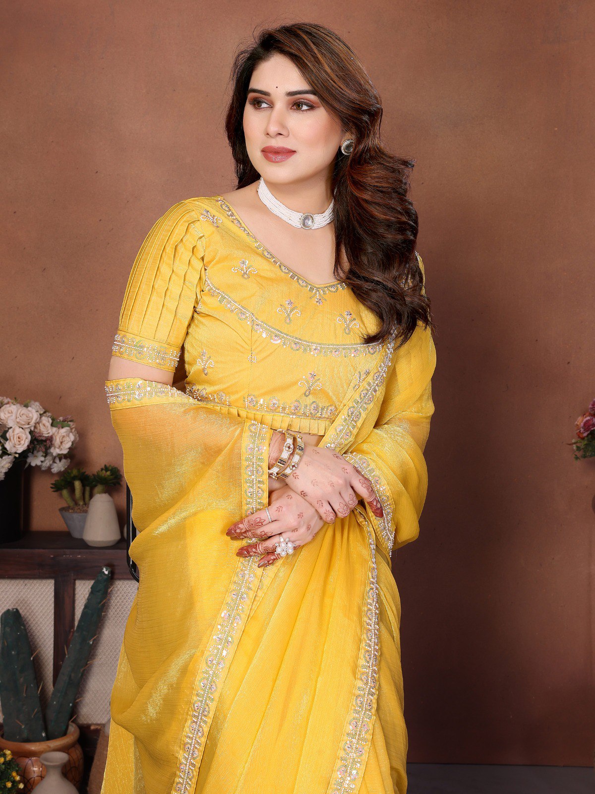 Women's Fendy Chiffon Beads Embroidered Saree with Unstitched Blouse