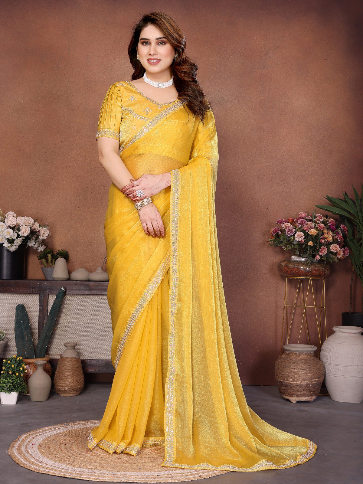 Women's Fendy Chiffon Beads Embroidered Saree with Unstitched Blouse