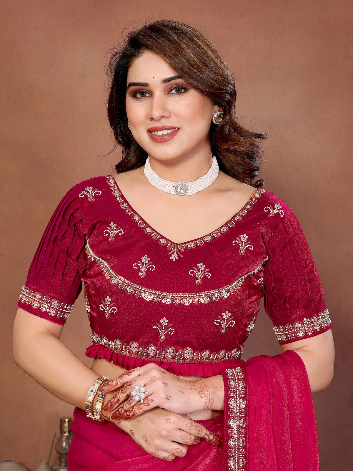 Women's Fendy Chiffon Party Wear Saree with Beads Embroidery Blouse