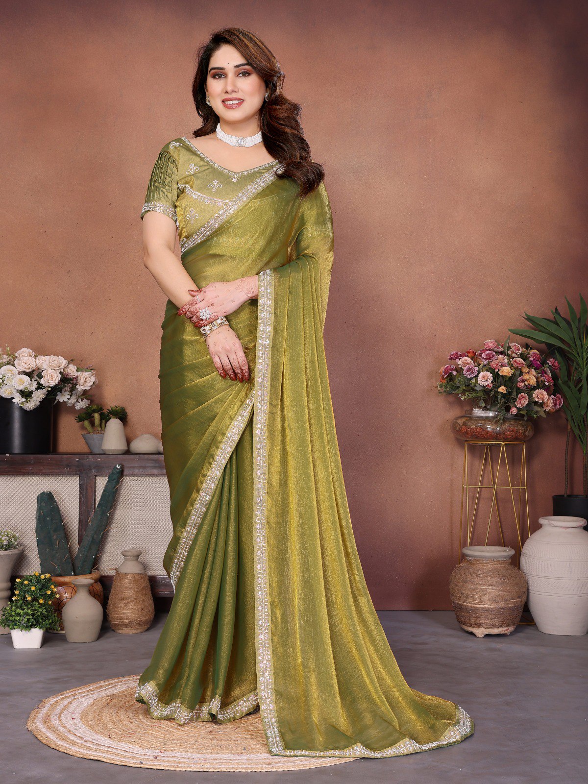 Women's Fendy Chiffon Beads Embroidered Party Wear Saree with Blouse