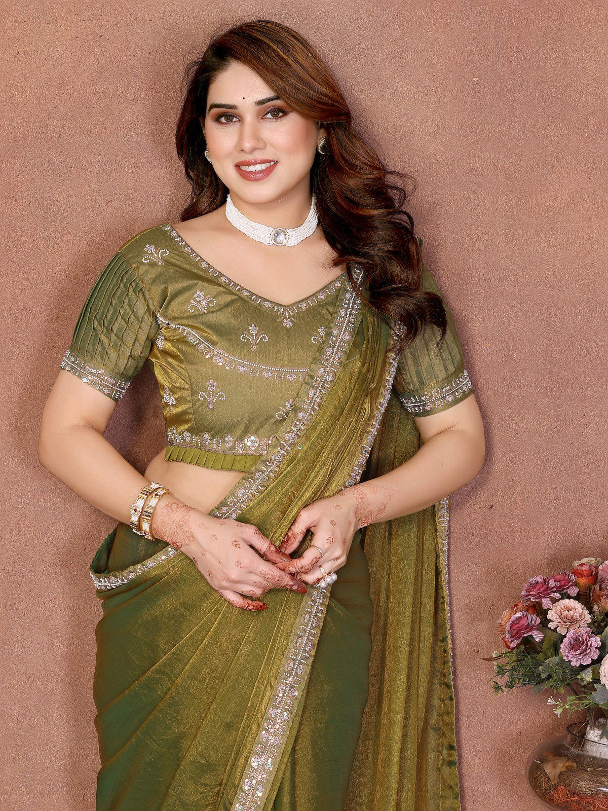 Women's Fendy Chiffon Beads Embroidered Party Wear Saree with Blouse