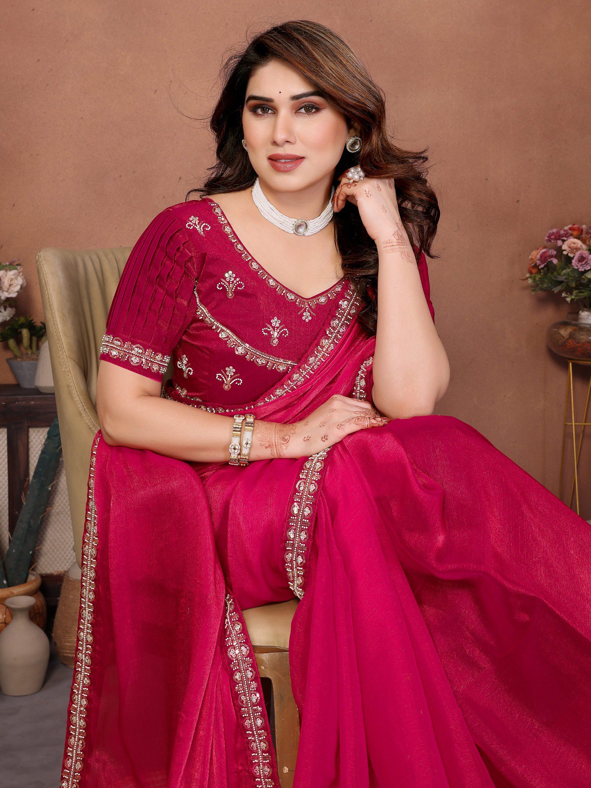Women's Fendy Chiffon Party Wear Saree with Beads Embroidery Blouse