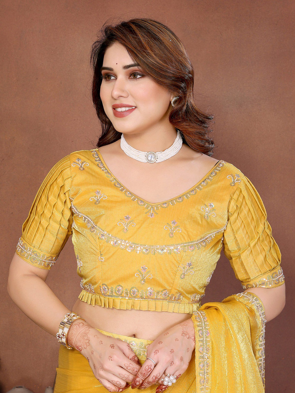 Women's Fendy Chiffon Beads Embroidered Saree with Unstitched Blouse