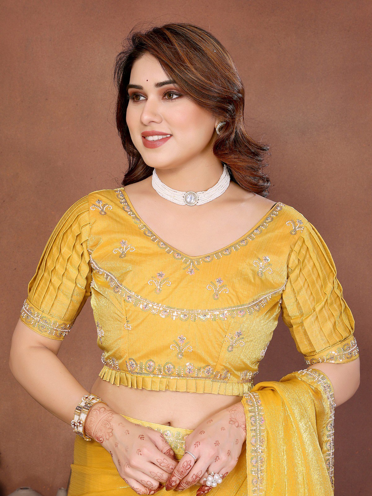 Women's Fendy Chiffon Beads Embroidered Saree with Unstitched Blouse