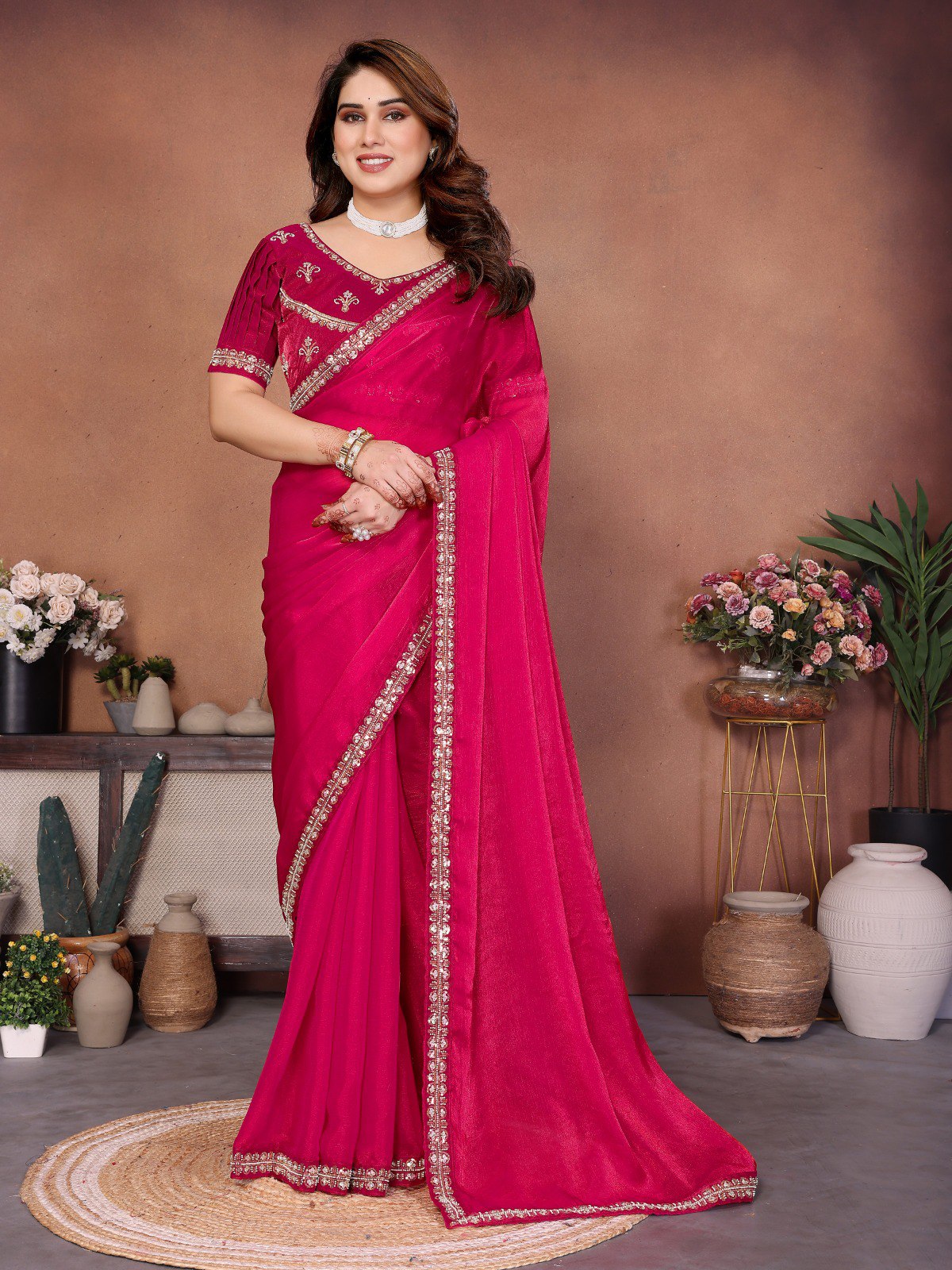 Women's Fendy Chiffon Party Wear Saree with Beads Embroidery Blouse