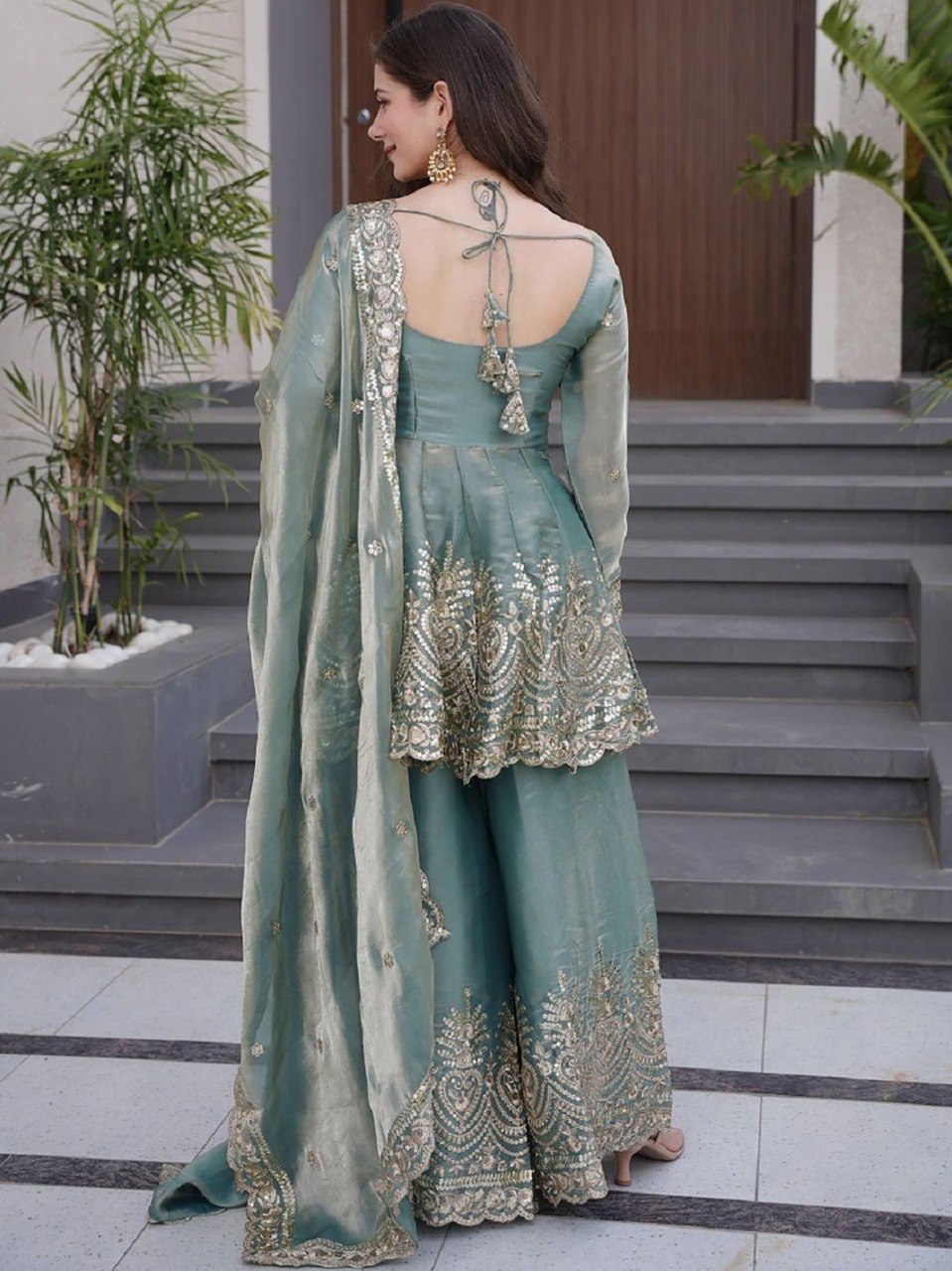Women's Sky Blue Embroidered Fandy Kurta Sharara Dupatta Set