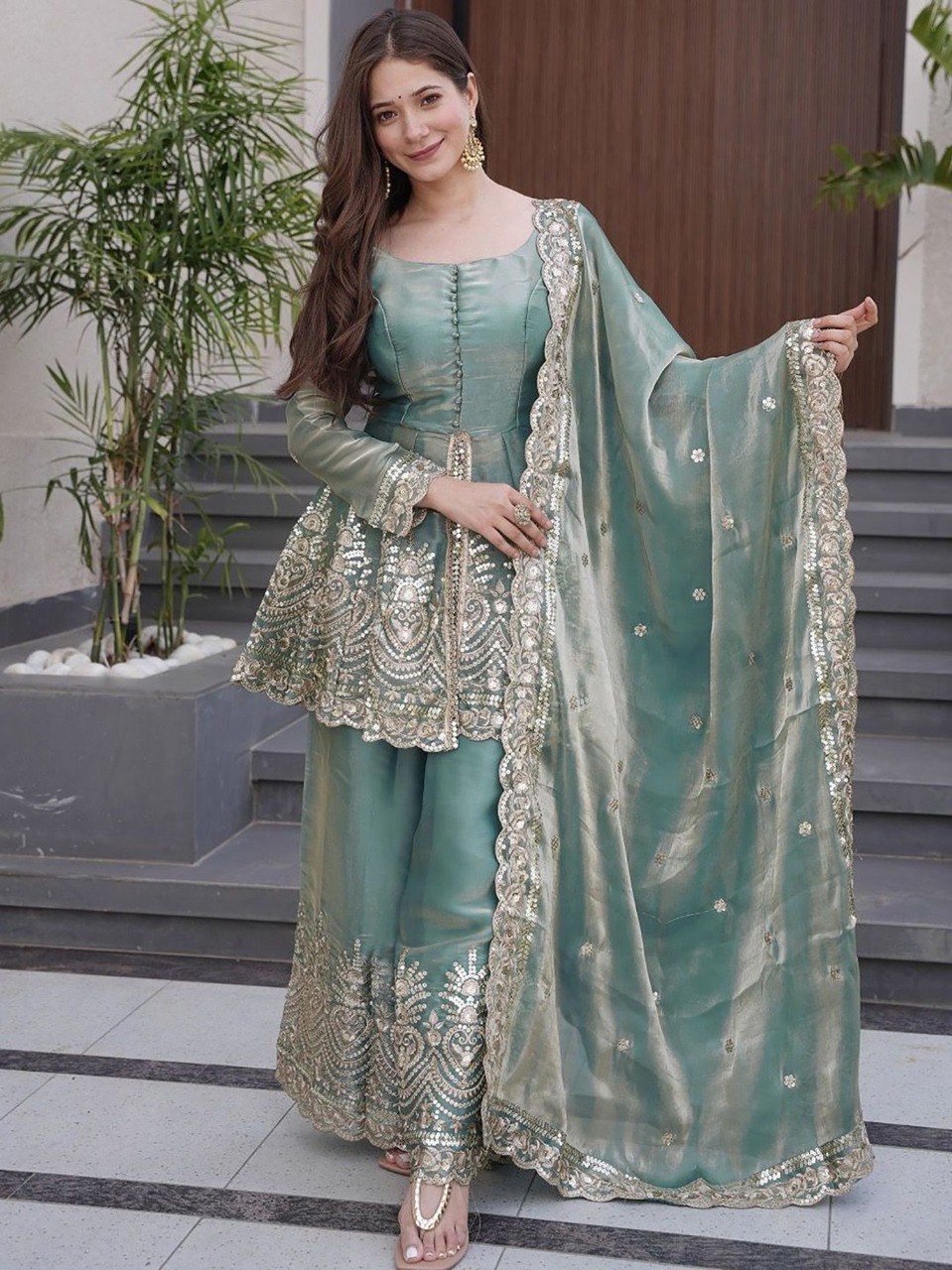 Women's Sky Blue Embroidered Fandy Kurta Sharara Dupatta Set