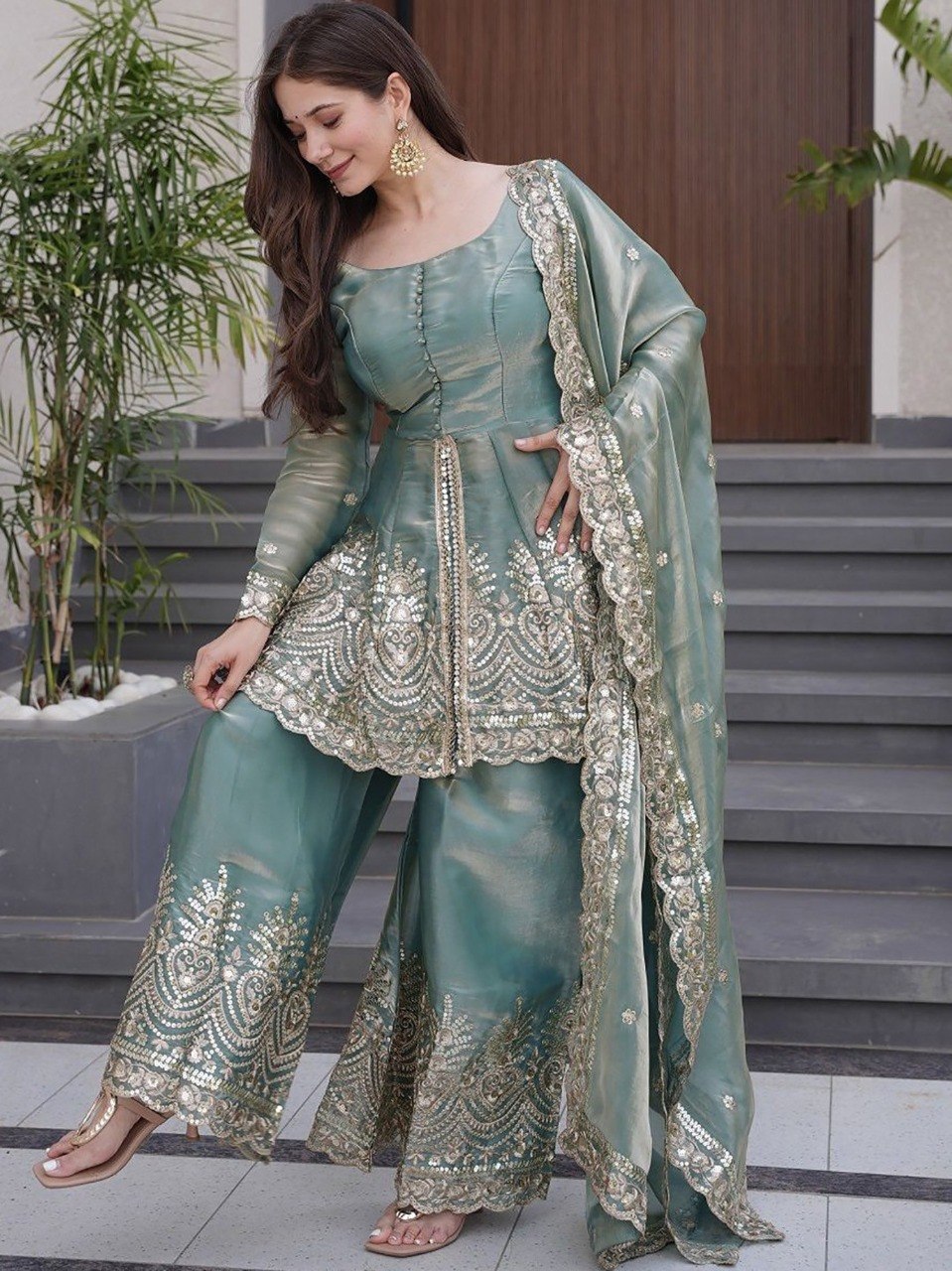 Women's Sky Blue Embroidered Fandy Kurta Sharara Dupatta Set