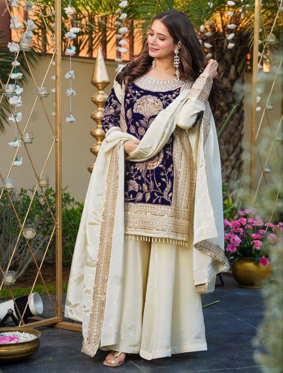 Off-White Sequins Embroidered French Crepe & Velvet Kurta Palazzo Set with Dupatta for Women