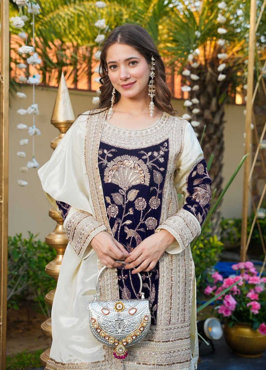 Off-White Sequins Embroidered French Crepe & Velvet Kurta Palazzo Set with Dupatta for Women