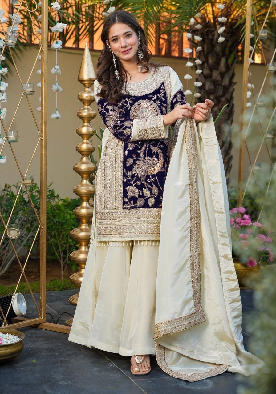 Off-White Sequins Embroidered French Crepe & Velvet Kurta Palazzo Set with Dupatta for Women