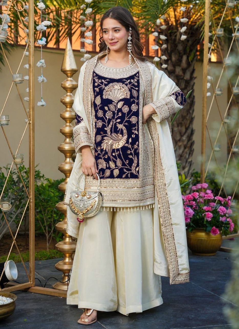 Off-White Sequins Embroidered French Crepe & Velvet Kurta Palazzo Set with Dupatta for Women