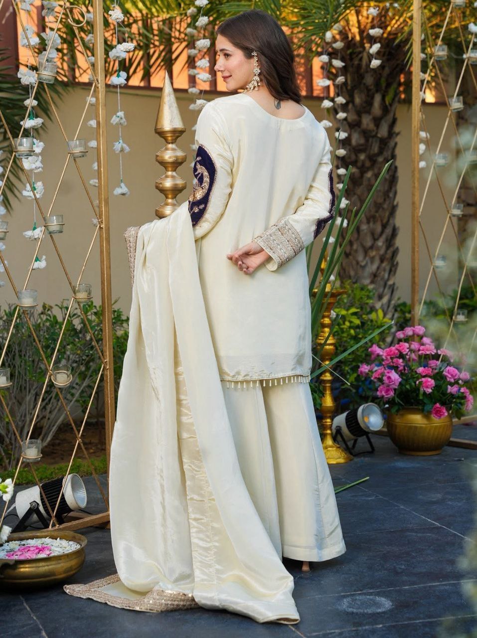 Off-White Sequins Embroidered French Crepe & Velvet Kurta Palazzo Set with Dupatta for Women