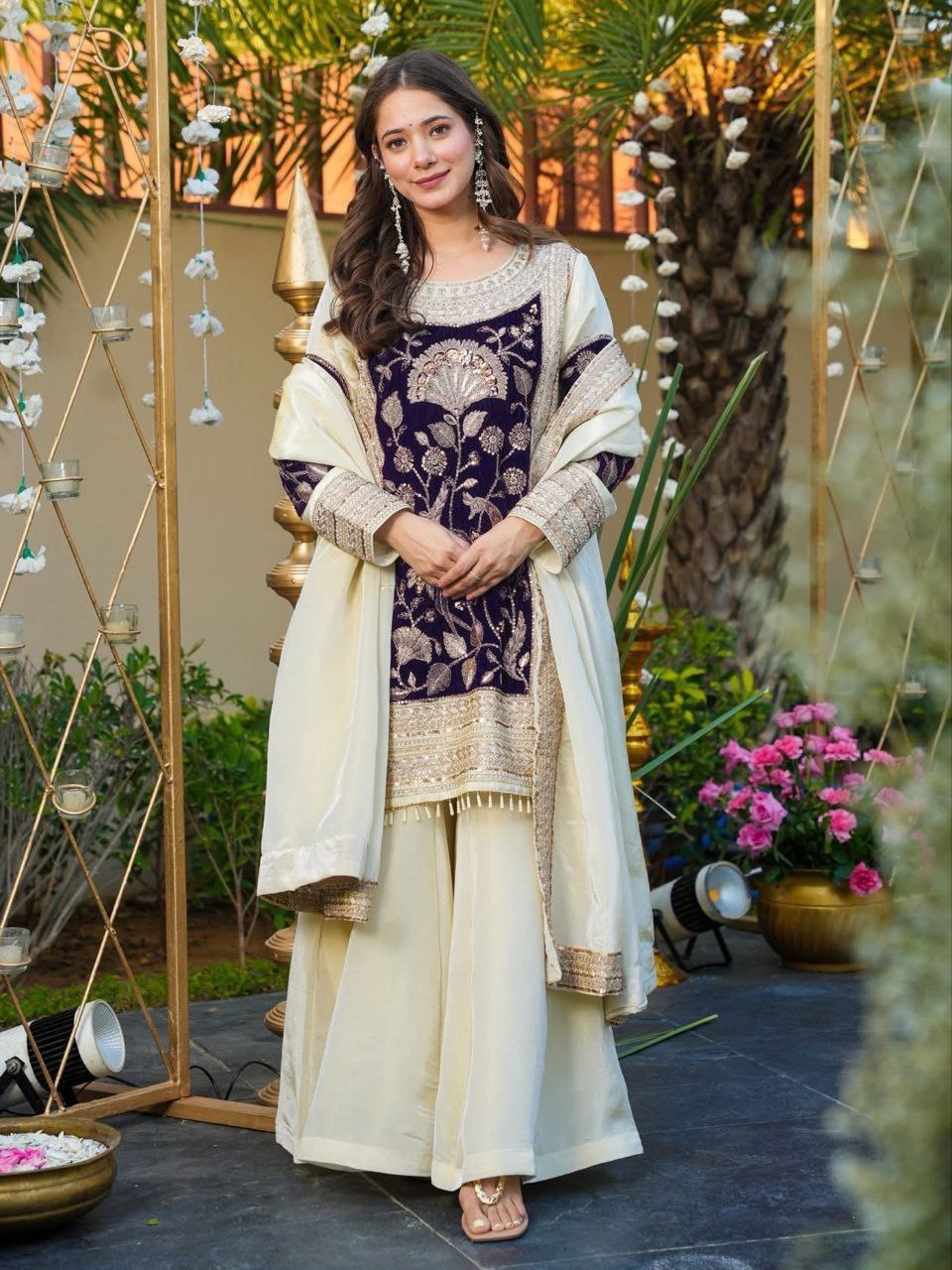 Off-White Sequins Embroidered French Crepe & Velvet Kurta Palazzo Set with Dupatta for Women
