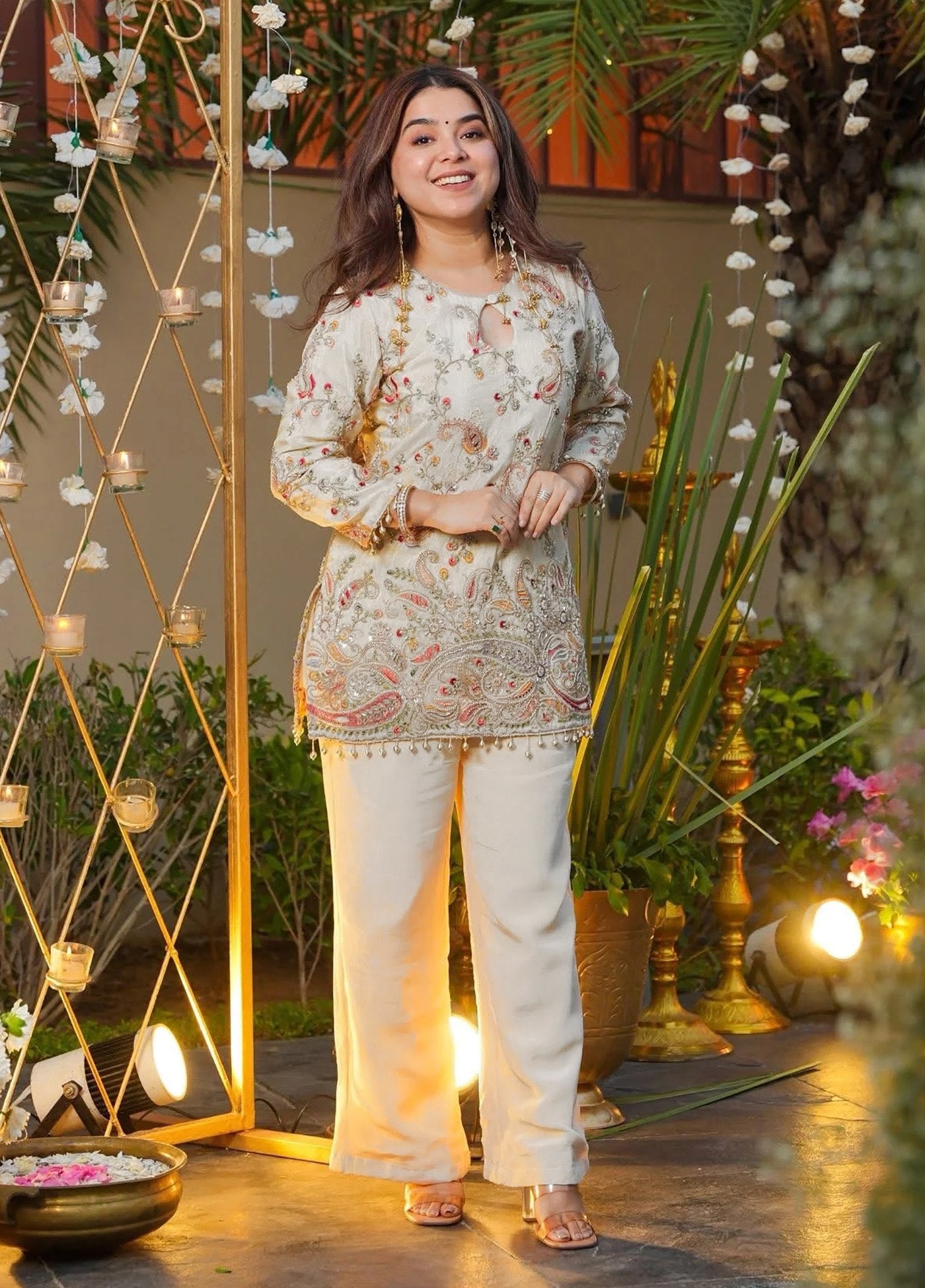 Women's Off-White Embroidered French Crepe Co-Ord Set with Pant