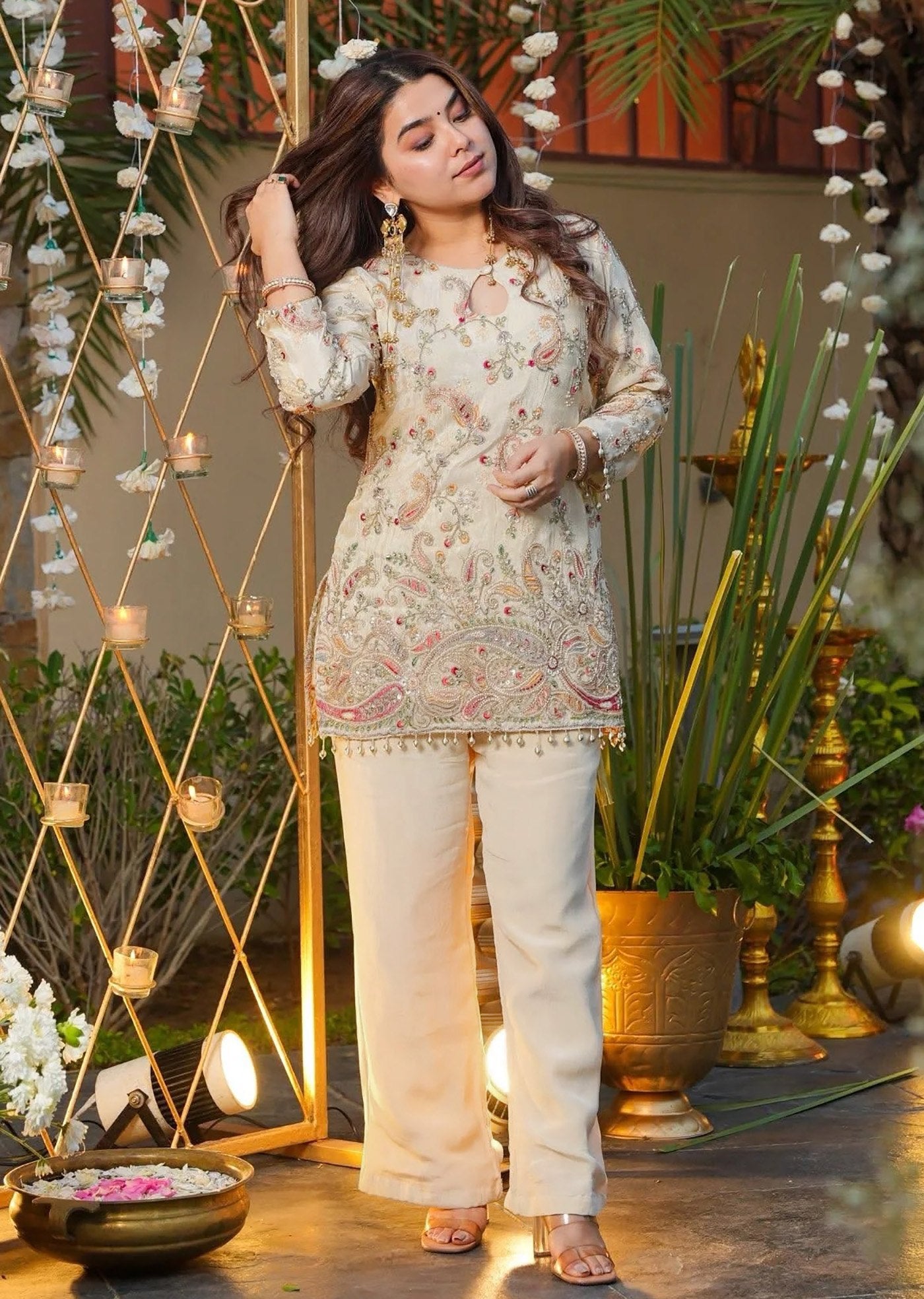 Women's Off-White Embroidered French Crepe Co-Ord Set with Pant