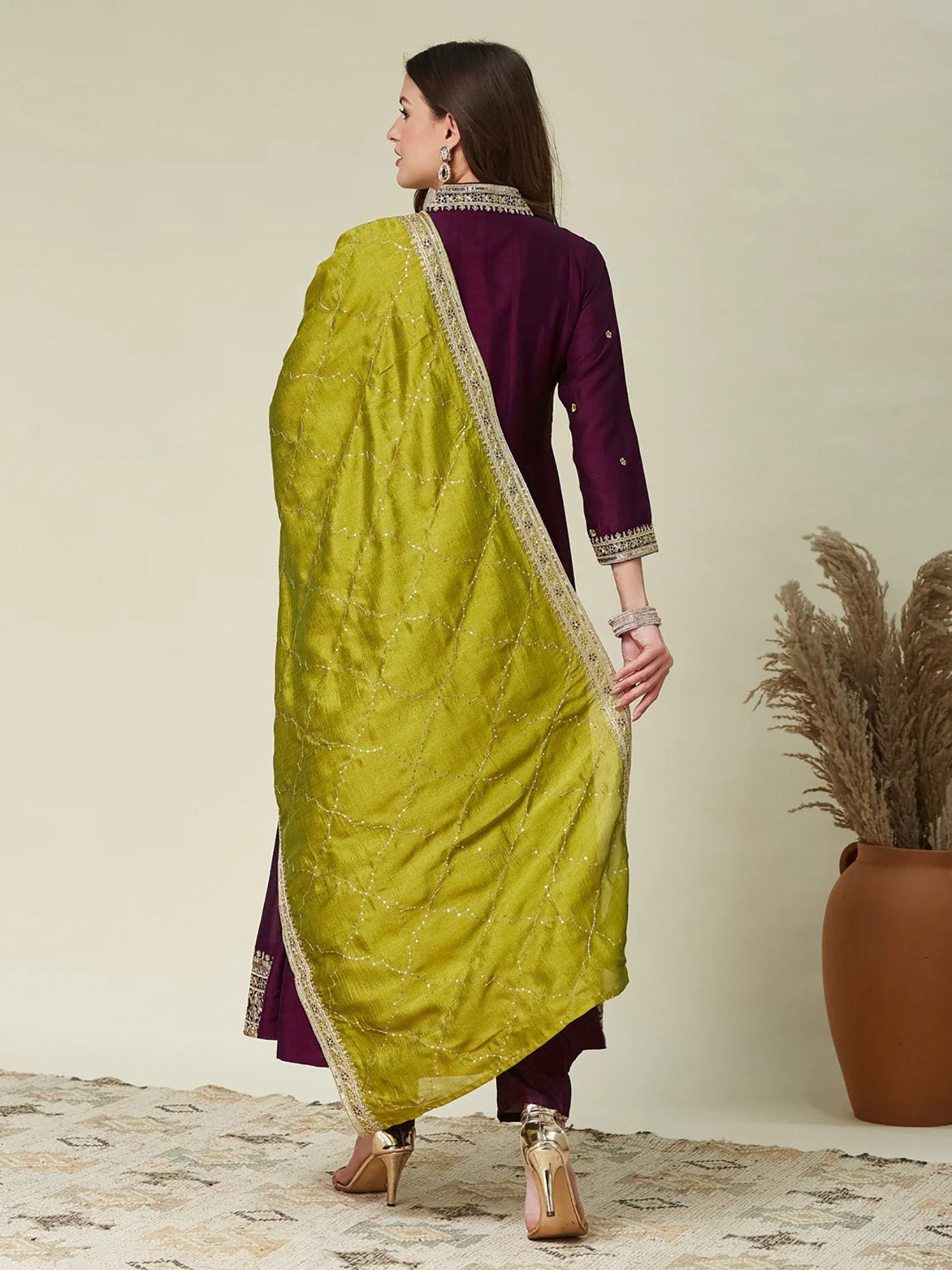 Women's Embroidered Vichitra Kurta Pant Set with Embroidered Lace Border Dupatta