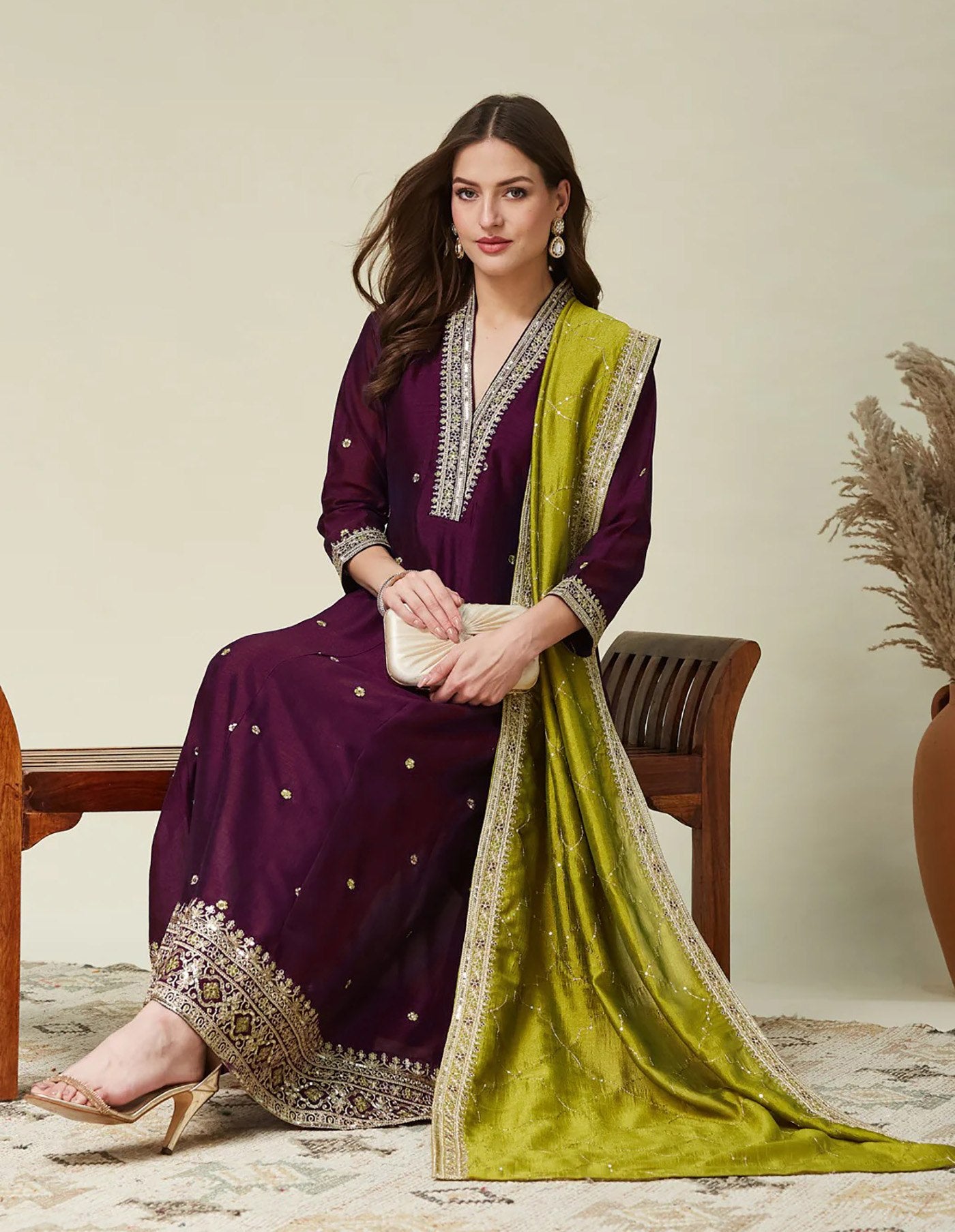 Women's Embroidered Vichitra Kurta Pant Set with Embroidered Lace Border Dupatta