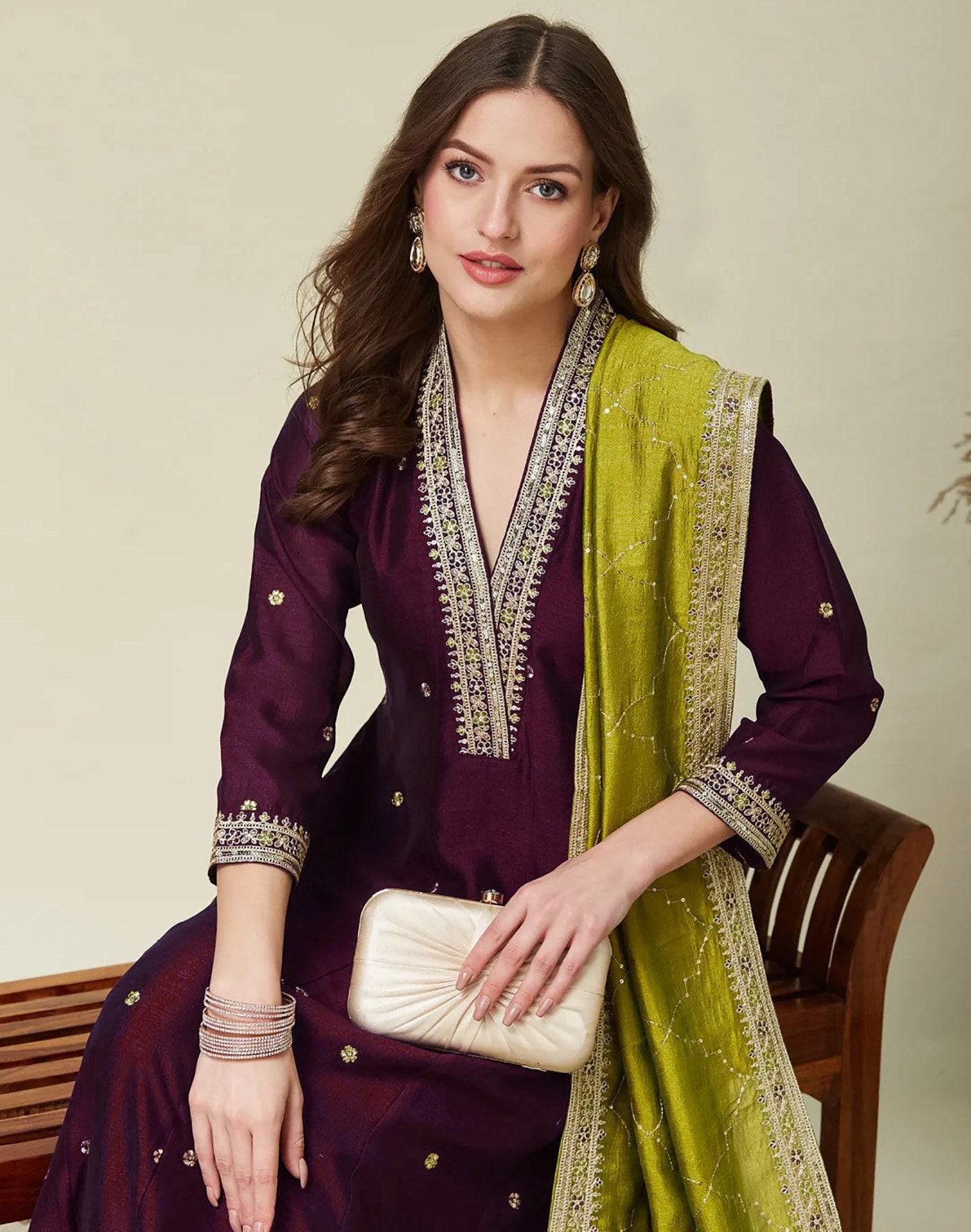 Women's Embroidered Vichitra Kurta Pant Set with Embroidered Lace Border Dupatta