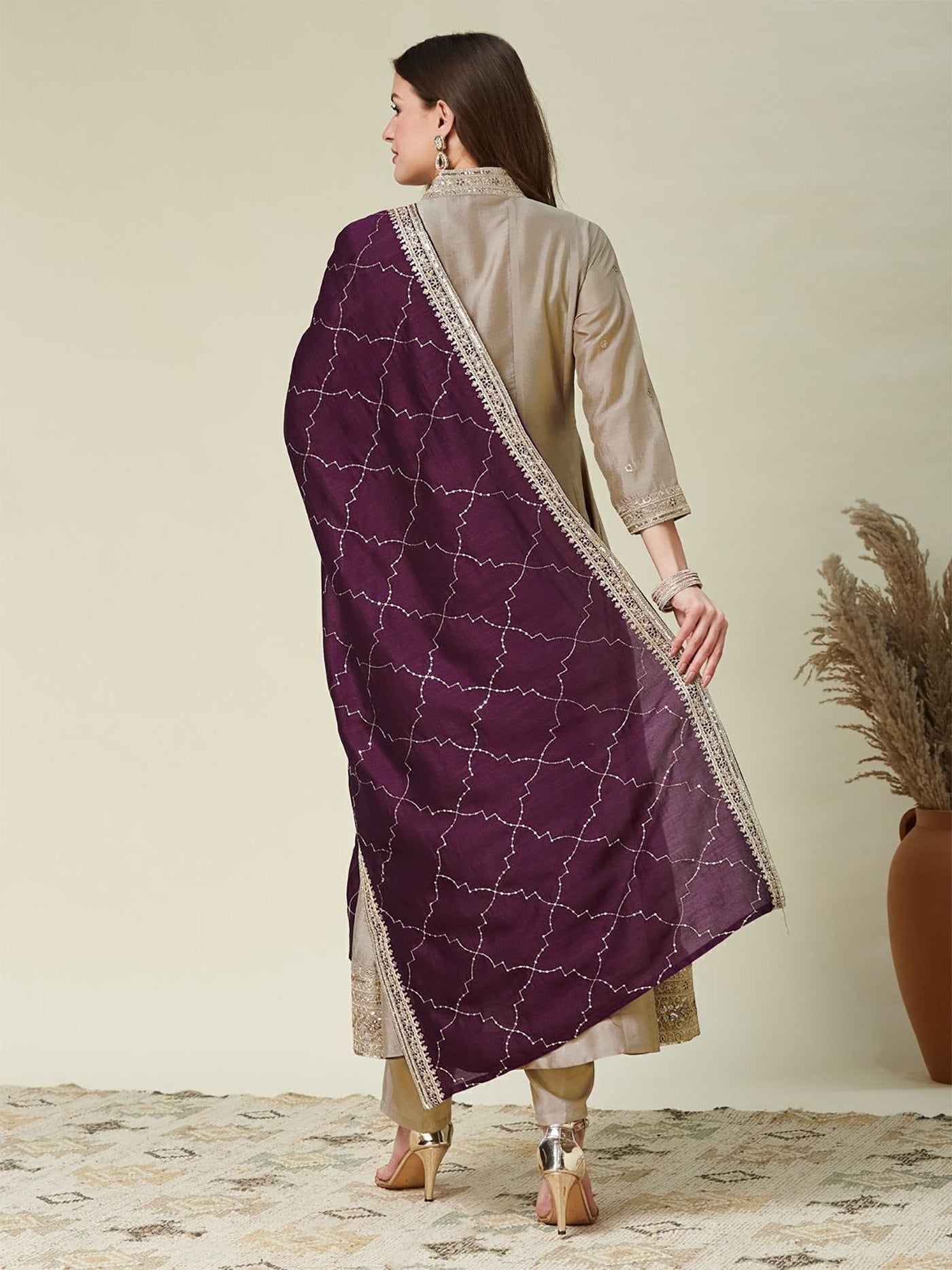 Women's Embroidered Vichitra Kurta Pant Set with Embroidered Lace Border Dupatta