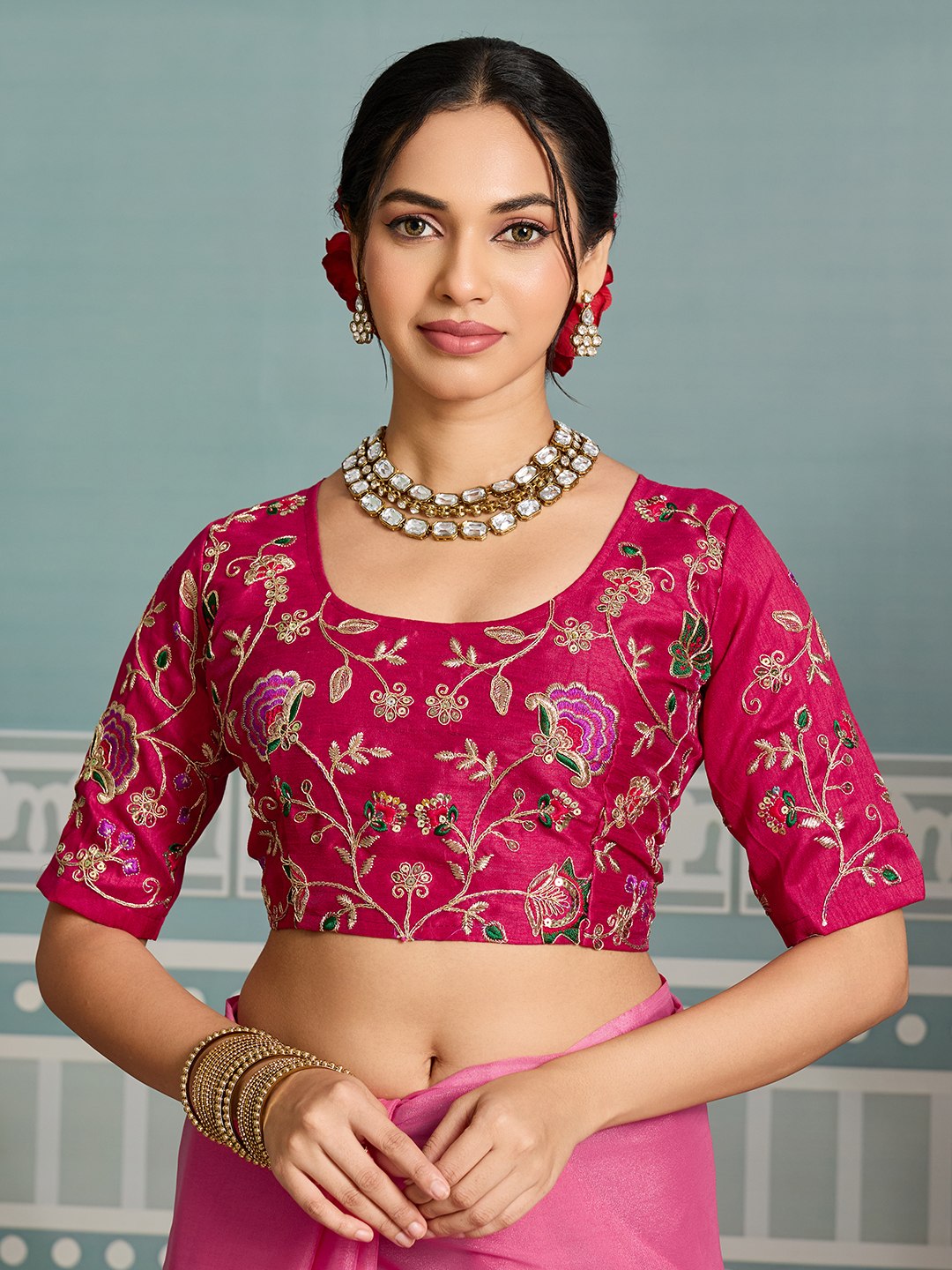 Women's Soft Star Georgette Embroidered Saree with Mono Banglory Silk Blouse