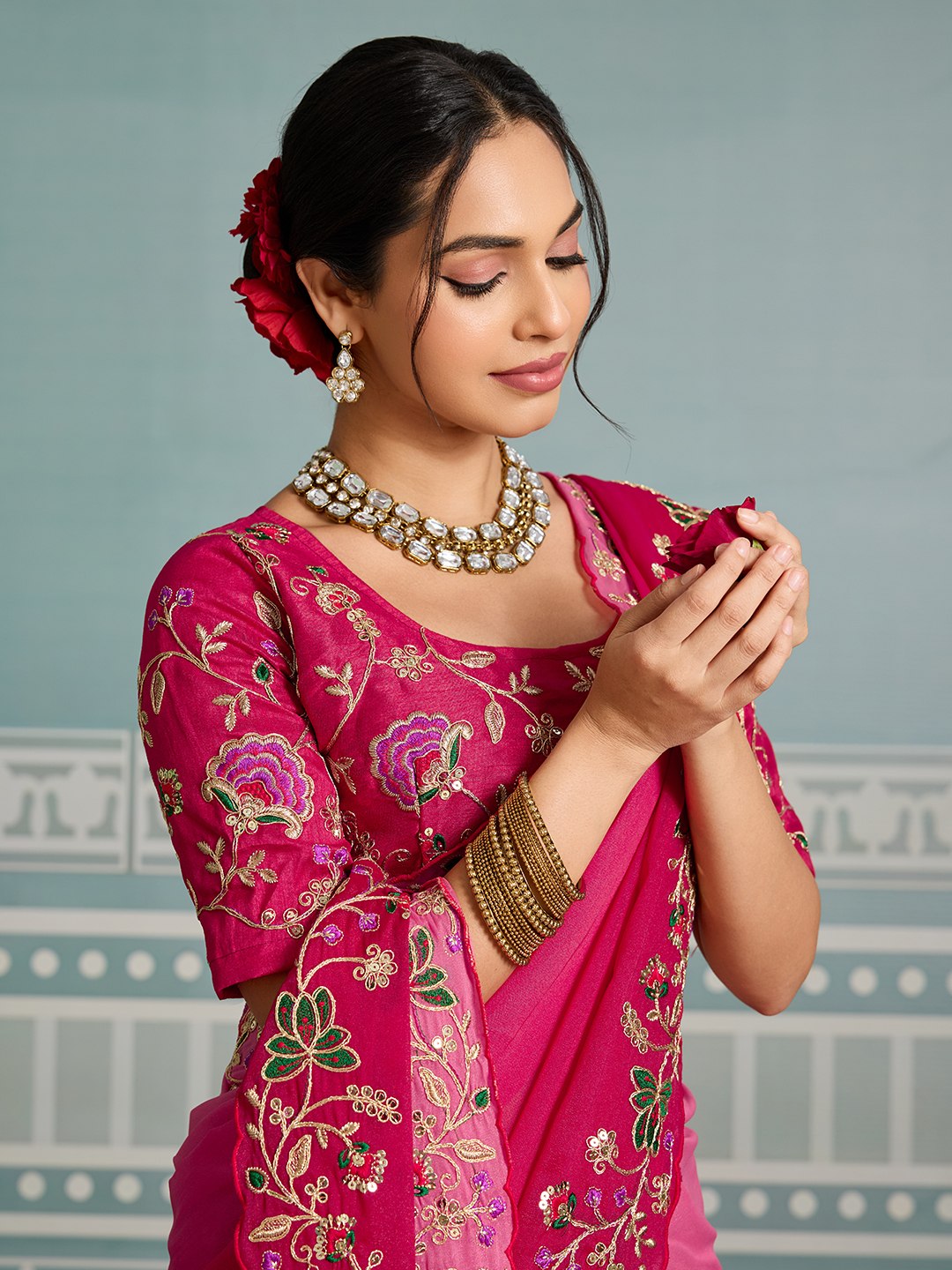 Women's Soft Star Georgette Embroidered Saree with Mono Banglory Silk Blouse