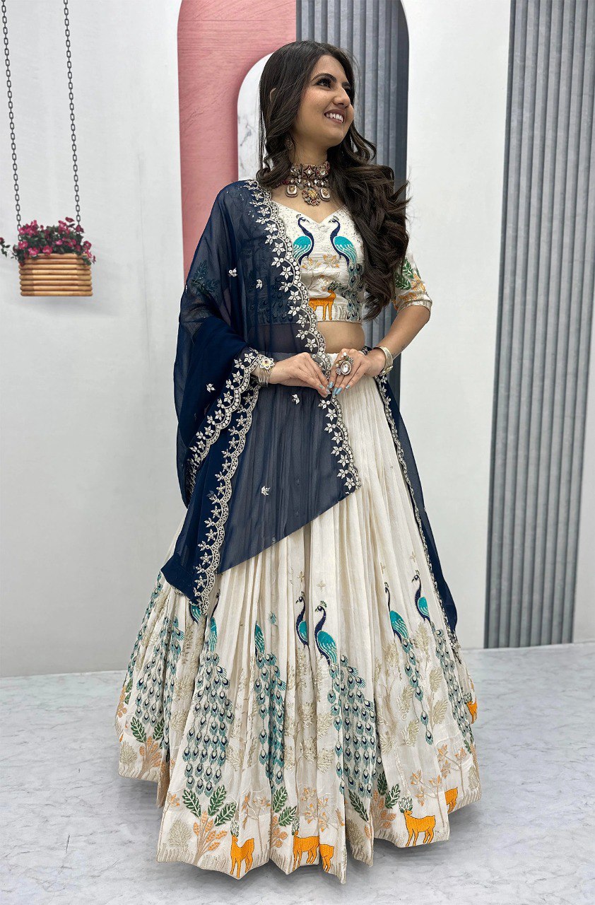 Women's White Chinon Embellished Semi Stitched Lehenga Choli with Georgette Sequins Dupatta