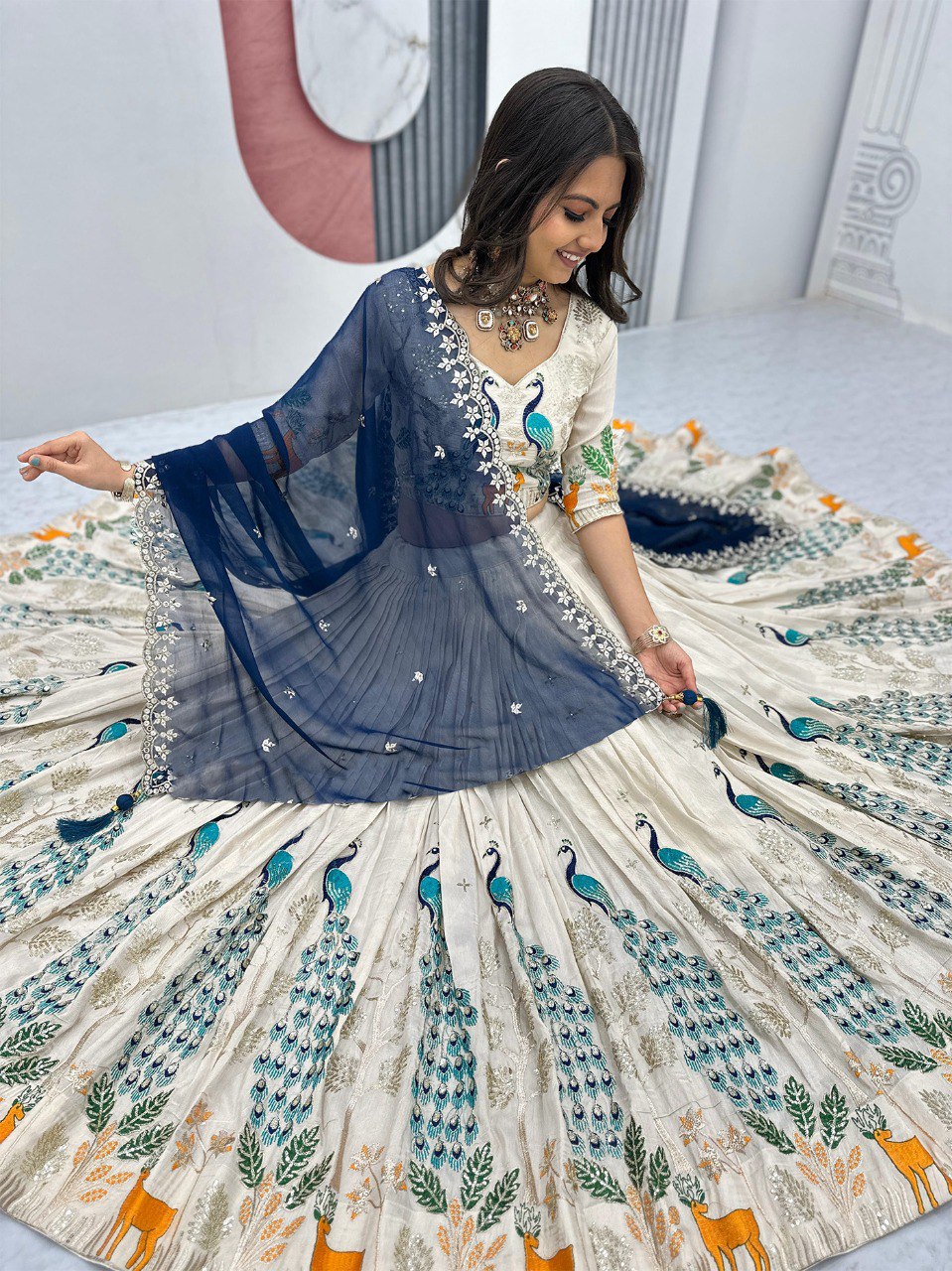 Women's White Chinon Embellished Semi Stitched Lehenga Choli with Georgette Sequins Dupatta