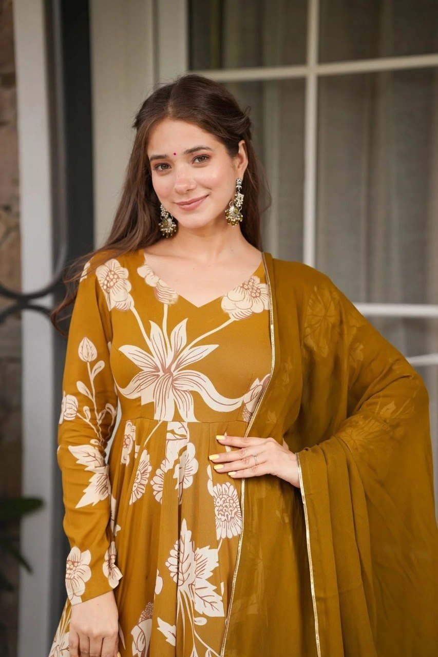 Women's Mustard Printed Rayon Slub Anarkali Pant Dupatta Set with Georgette Dupatta