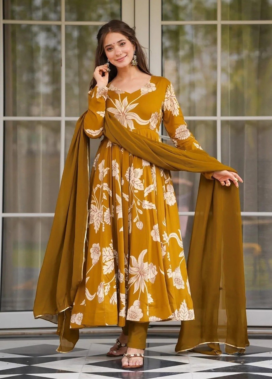 Women's Mustard Printed Rayon Slub Anarkali Pant Dupatta Set with Georgette Dupatta