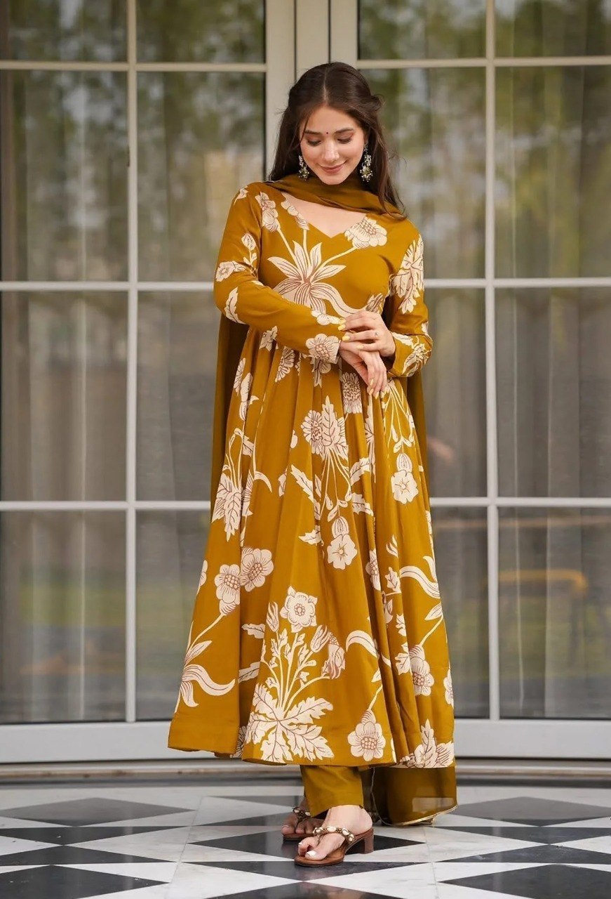 Women's Mustard Printed Rayon Slub Anarkali Pant Dupatta Set with Georgette Dupatta