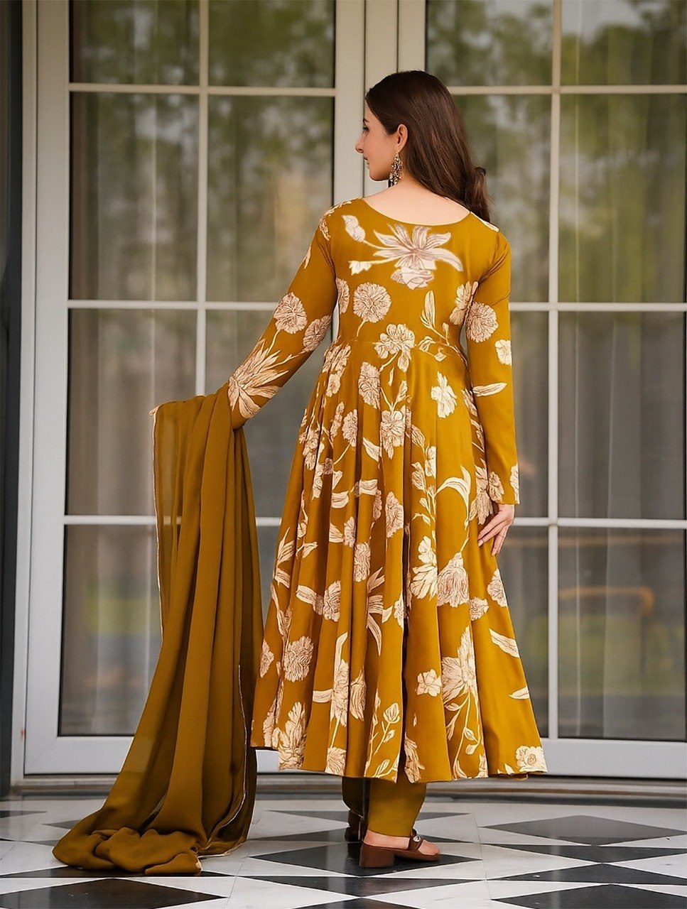 Women's Mustard Printed Rayon Slub Anarkali Pant Dupatta Set with Georgette Dupatta