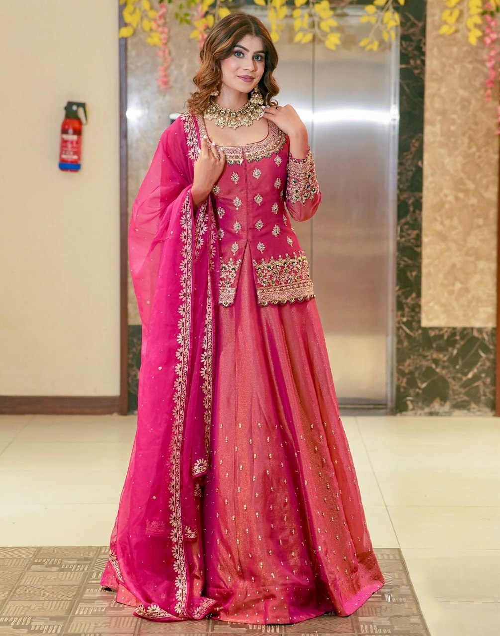 Pink Roman Silk Beads & Stones Embroidered Ready-to-Wear Lehenga Choli Set with Twill Net Dupatta