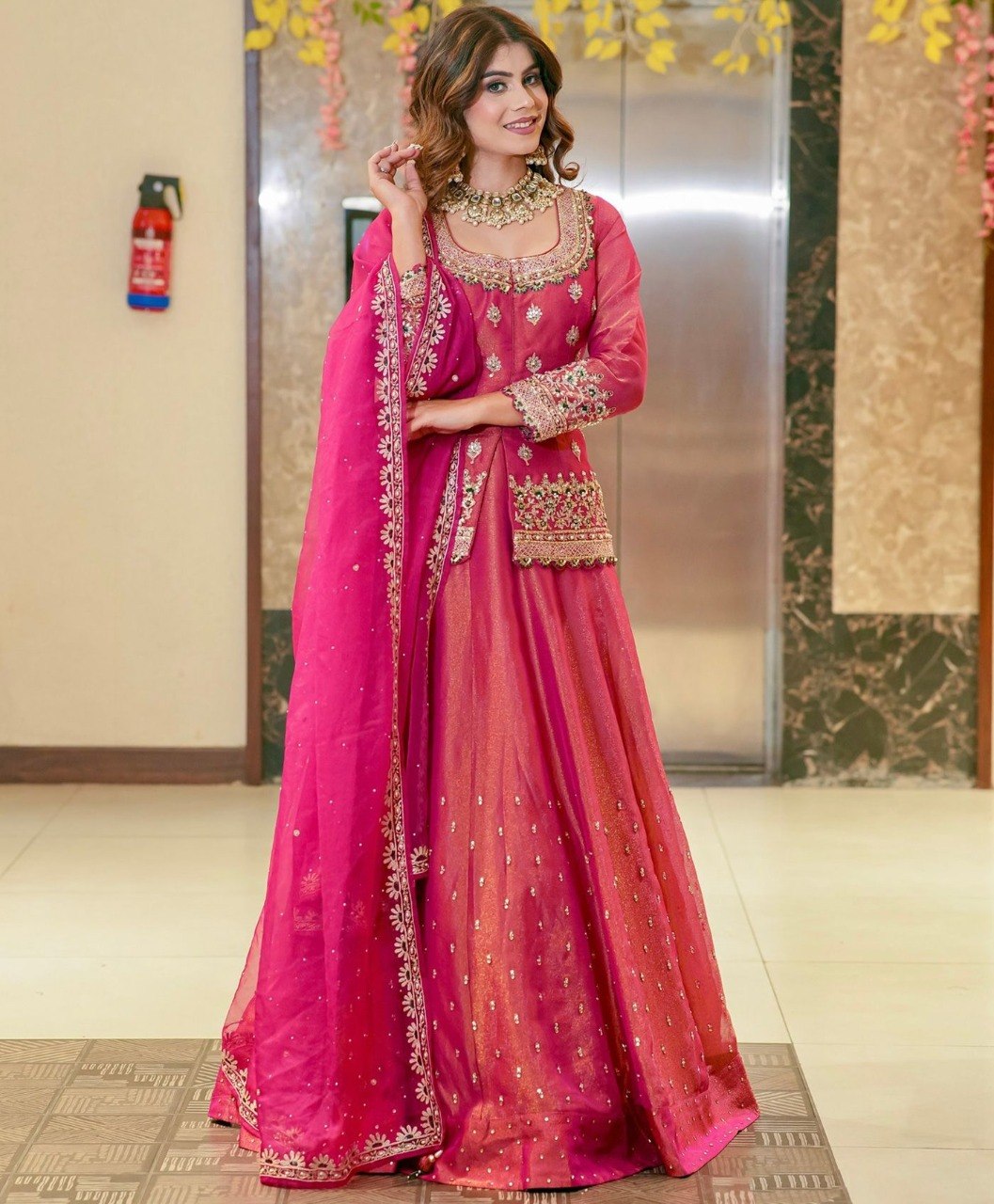 Pink Roman Silk Beads & Stones Embroidered Ready-to-Wear Lehenga Choli Set with Twill Net Dupatta
