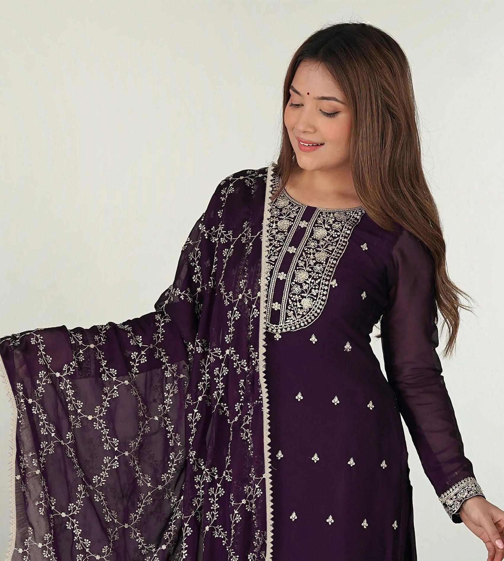 Purple Georgette Embroidered Kurta Pant Set with Dupatta