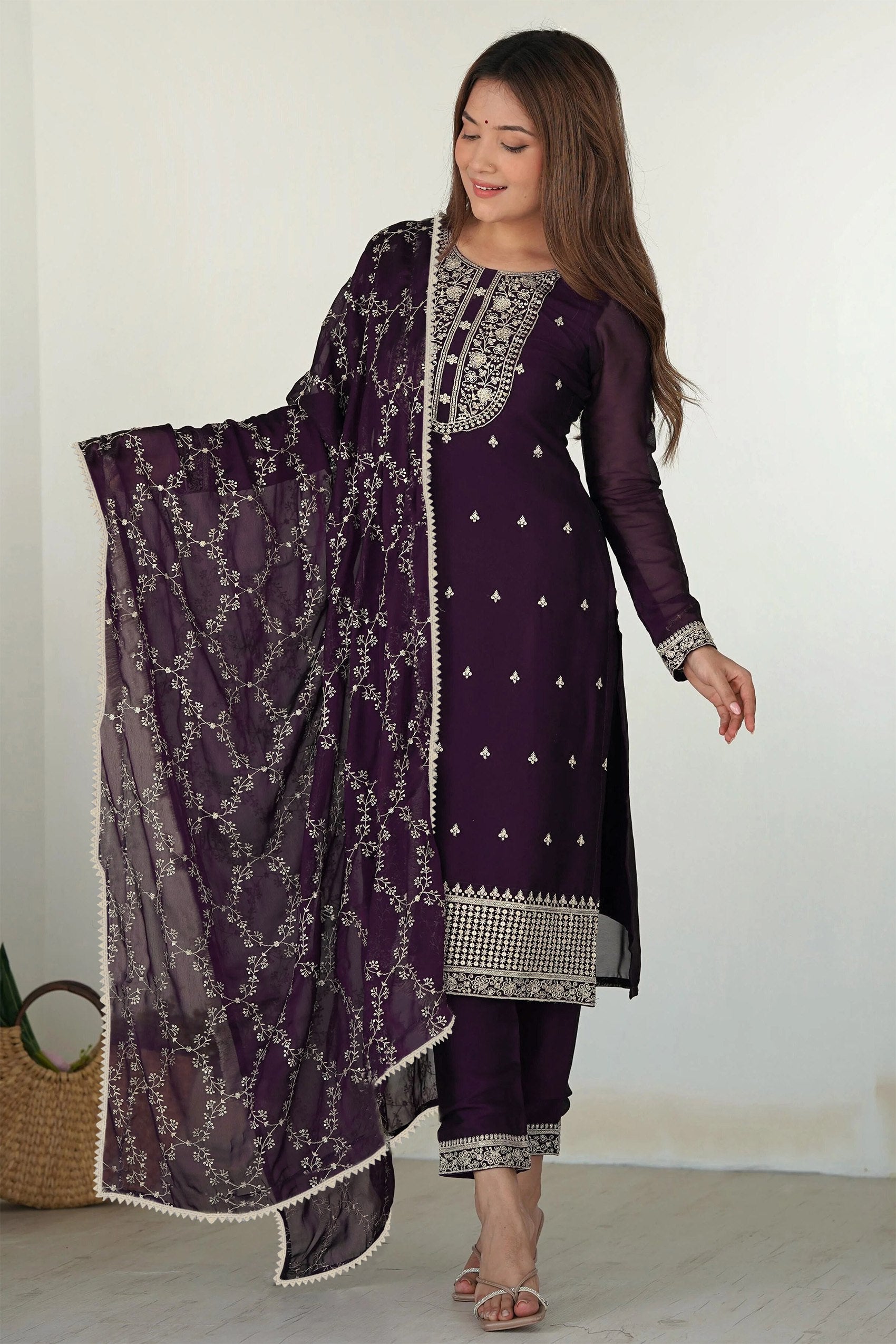 Purple Georgette Embroidered Kurta Pant Set with Dupatta
