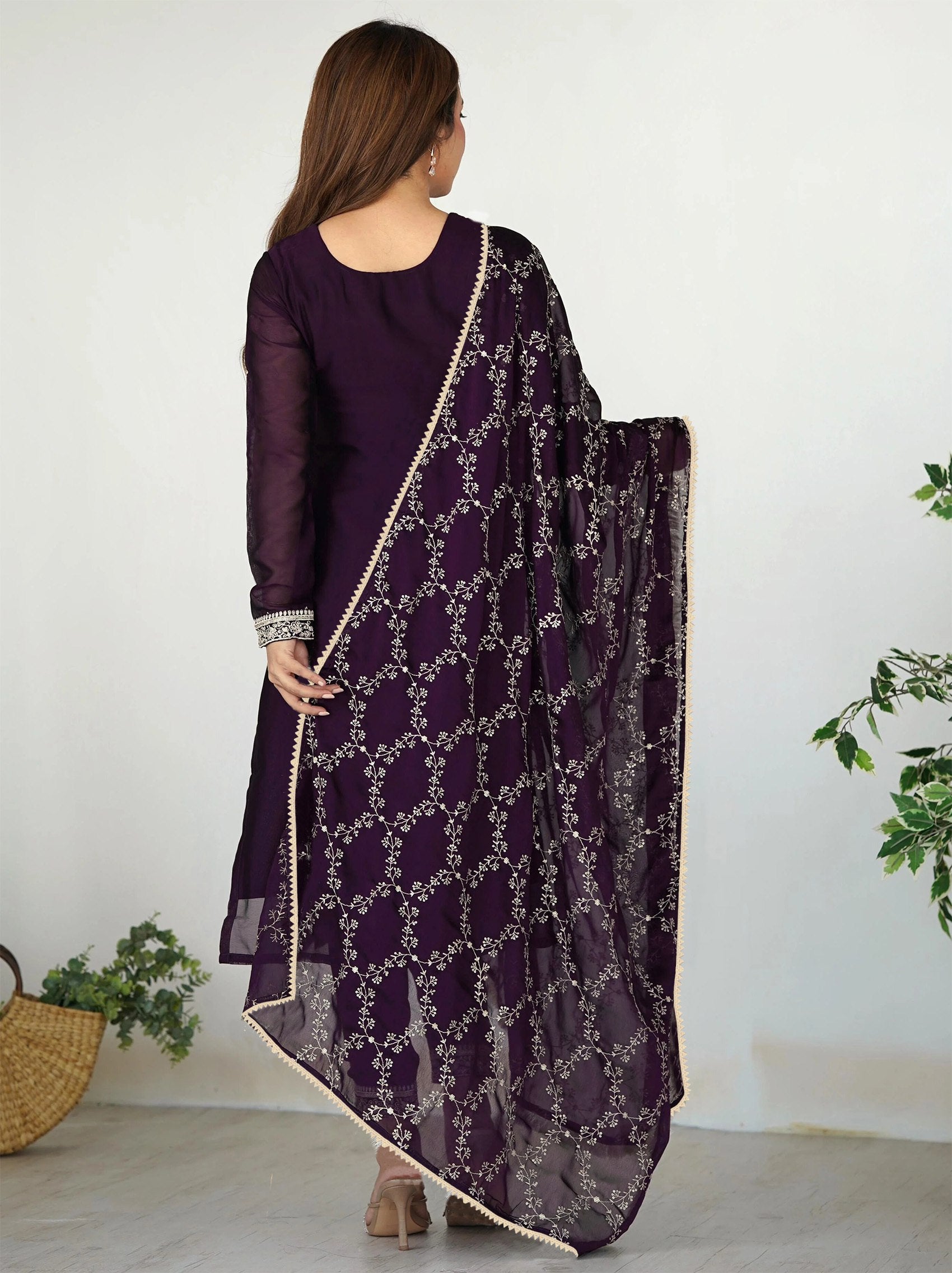Purple Georgette Embroidered Kurta Pant Set with Dupatta