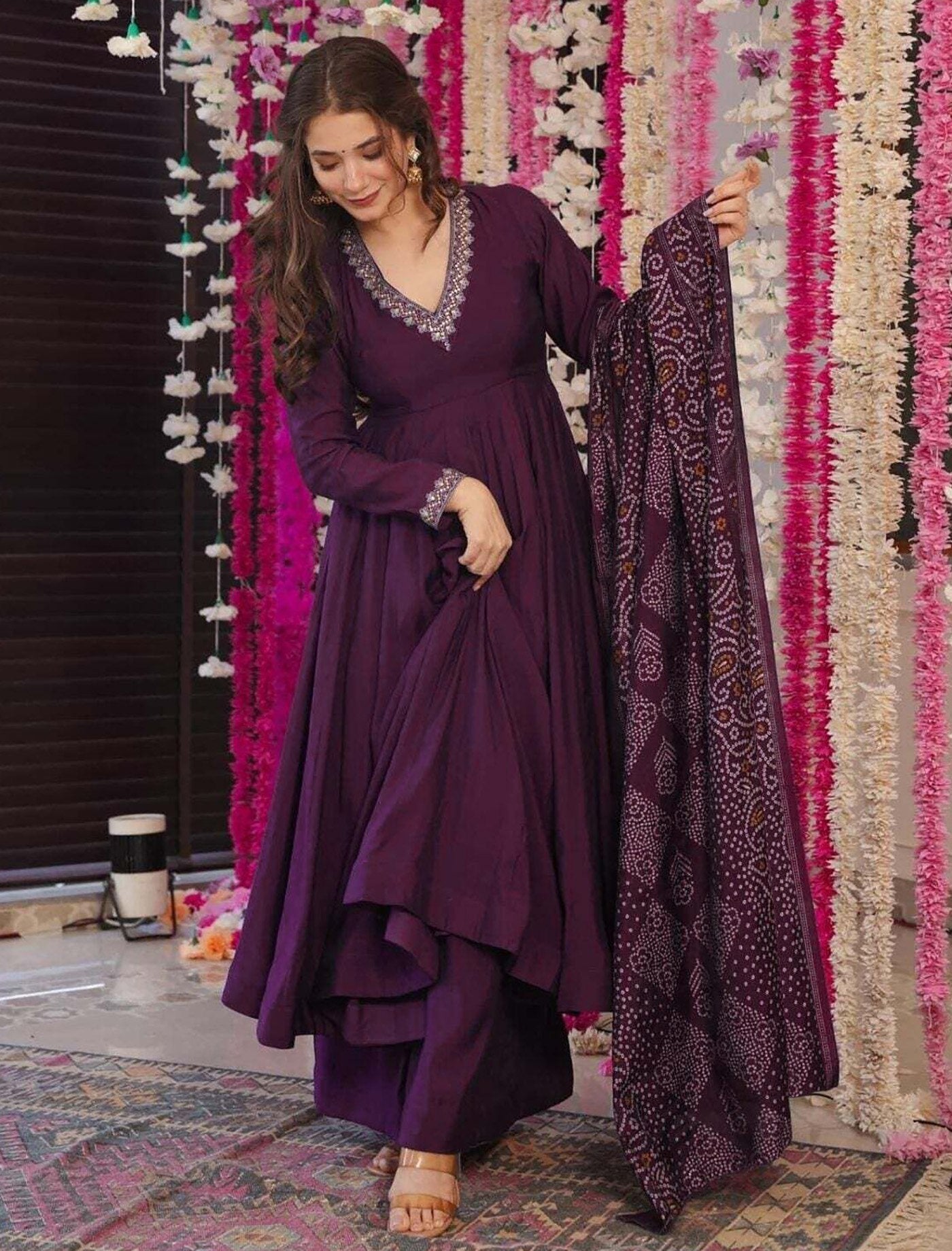 Women's Purple Embroidered Vichitra Anarkali Palazzo Dupatta Set with Chanderi Dupatta