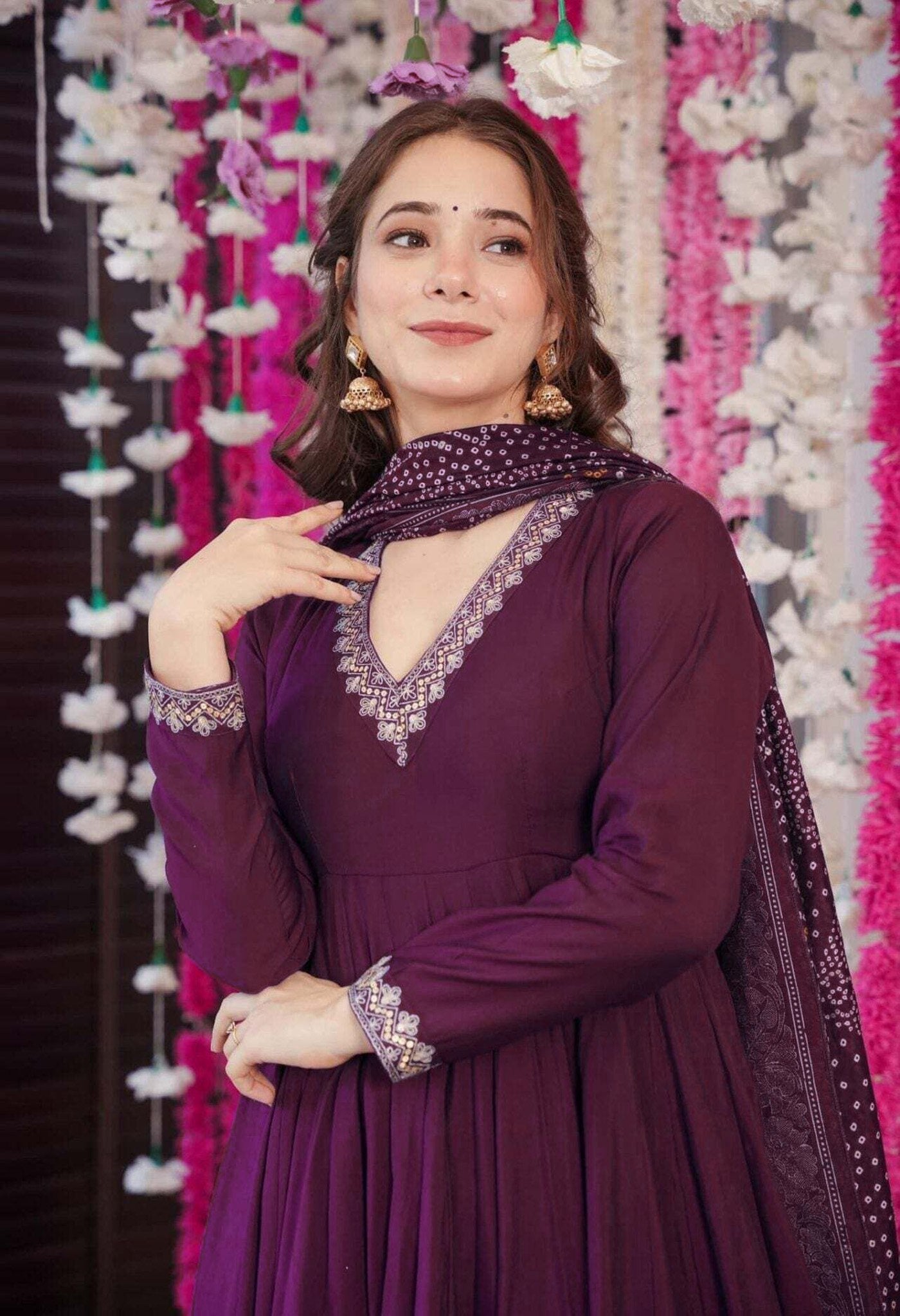 Women's Purple Embroidered Vichitra Anarkali Palazzo Dupatta Set with Chanderi Dupatta