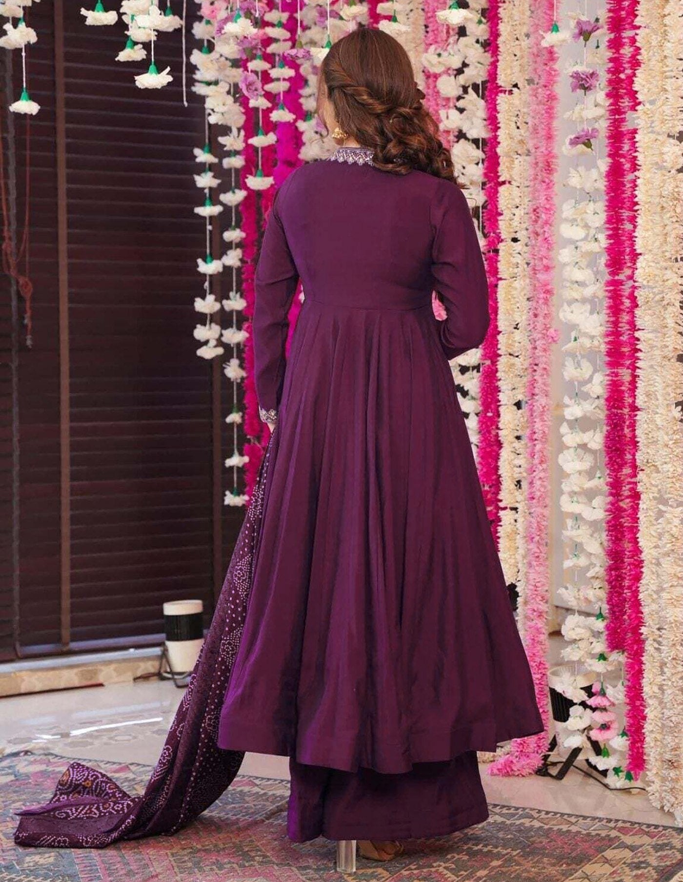 Women's Purple Embroidered Vichitra Anarkali Palazzo Dupatta Set with Chanderi Dupatta