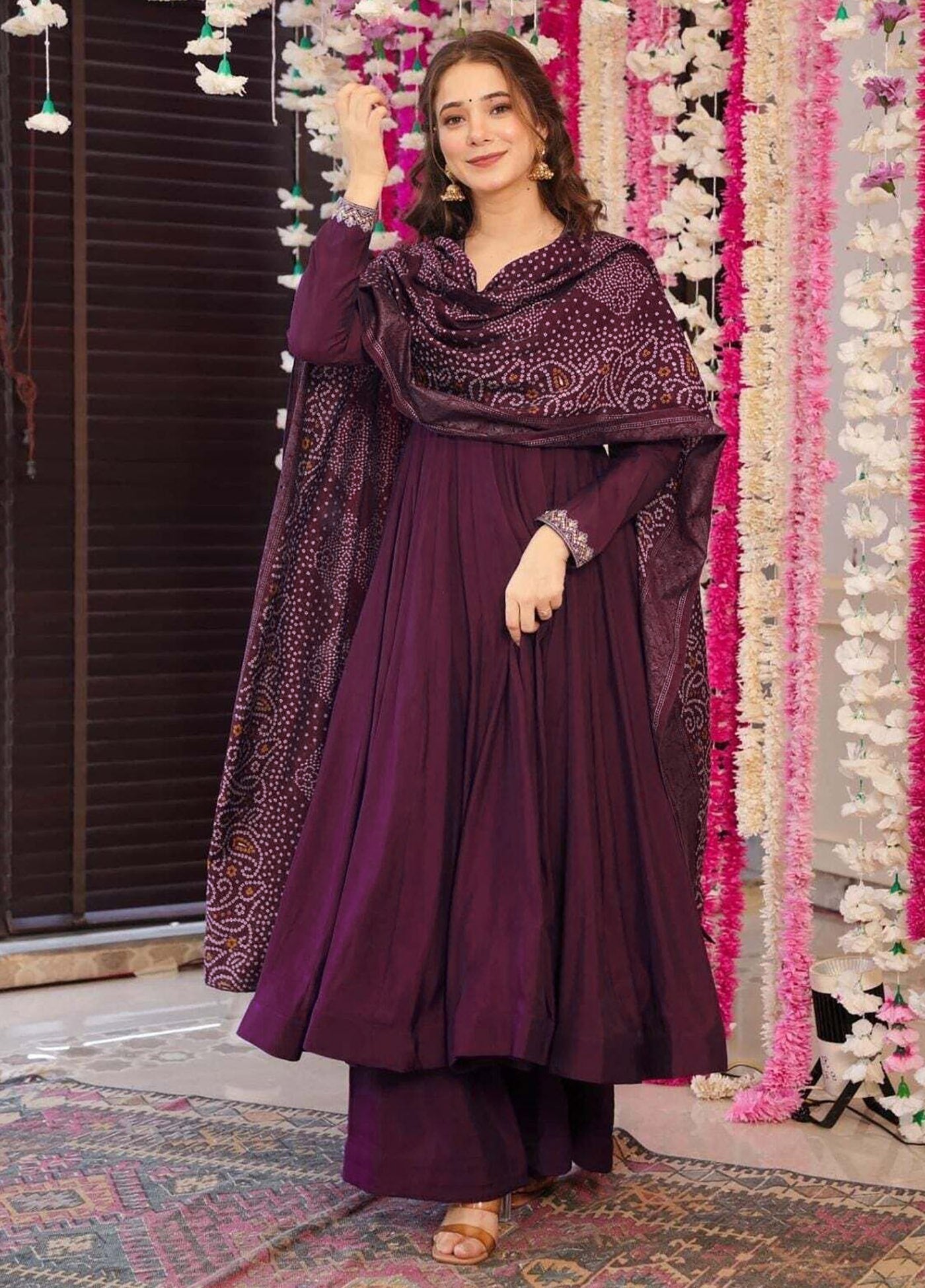 Women's Purple Embroidered Vichitra Anarkali Palazzo Dupatta Set with Chanderi Dupatta