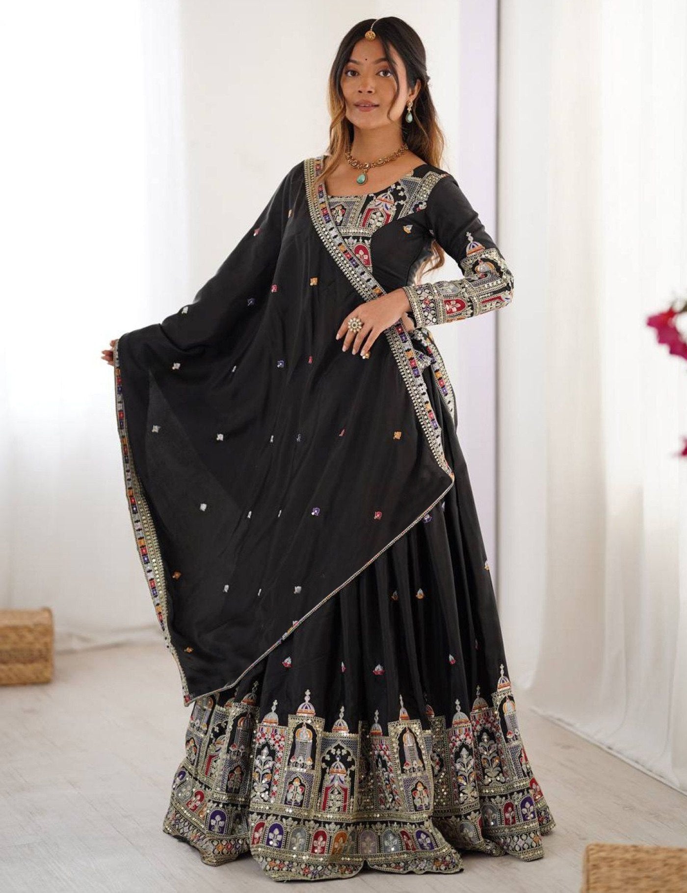 Women's Embroidered Chinon Semi Stitched Lehenga Choli with Sequins Chinon Dupatta