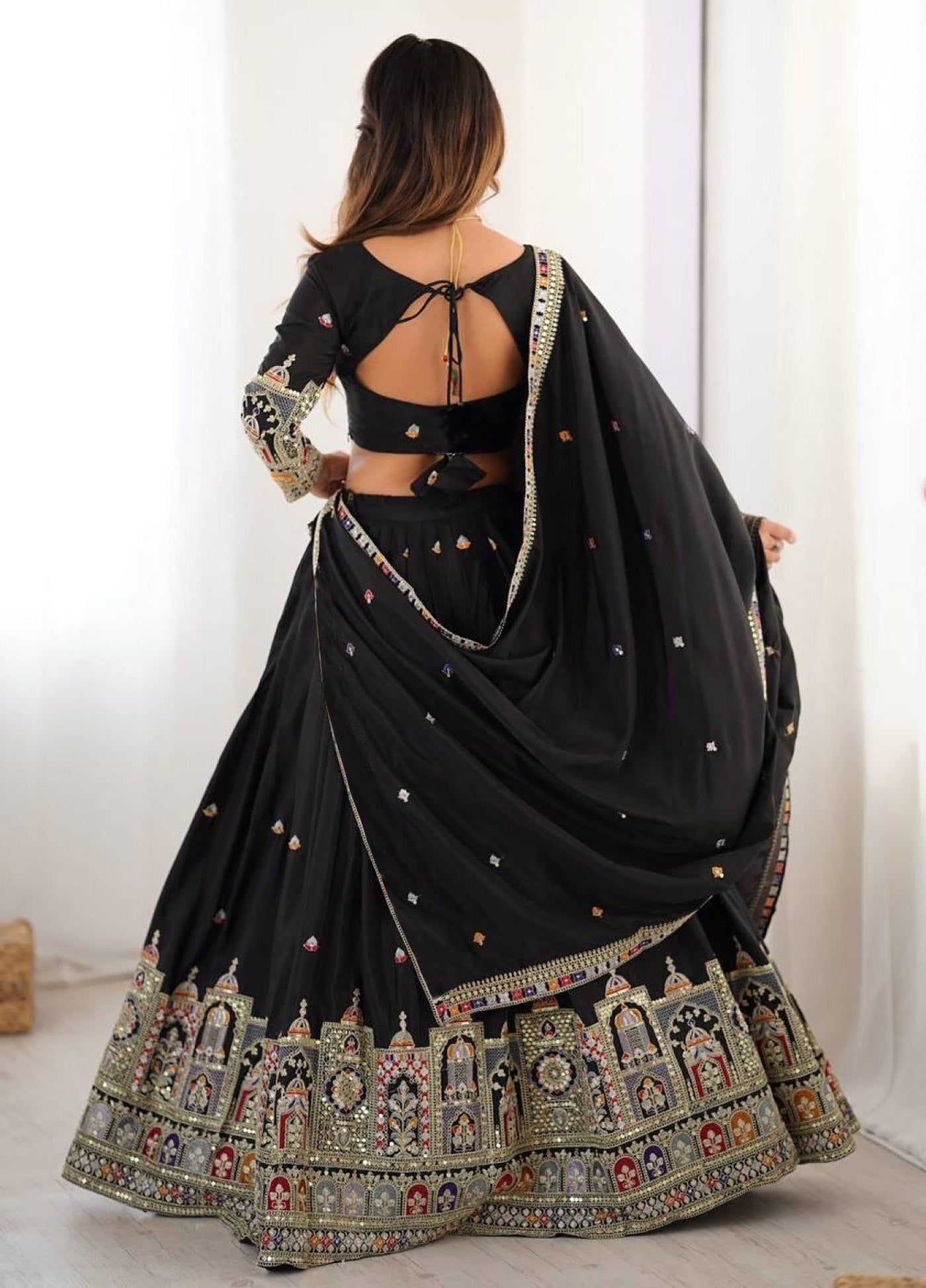 Women's Embroidered Chinon Semi Stitched Lehenga Choli with Sequins Chinon Dupatta