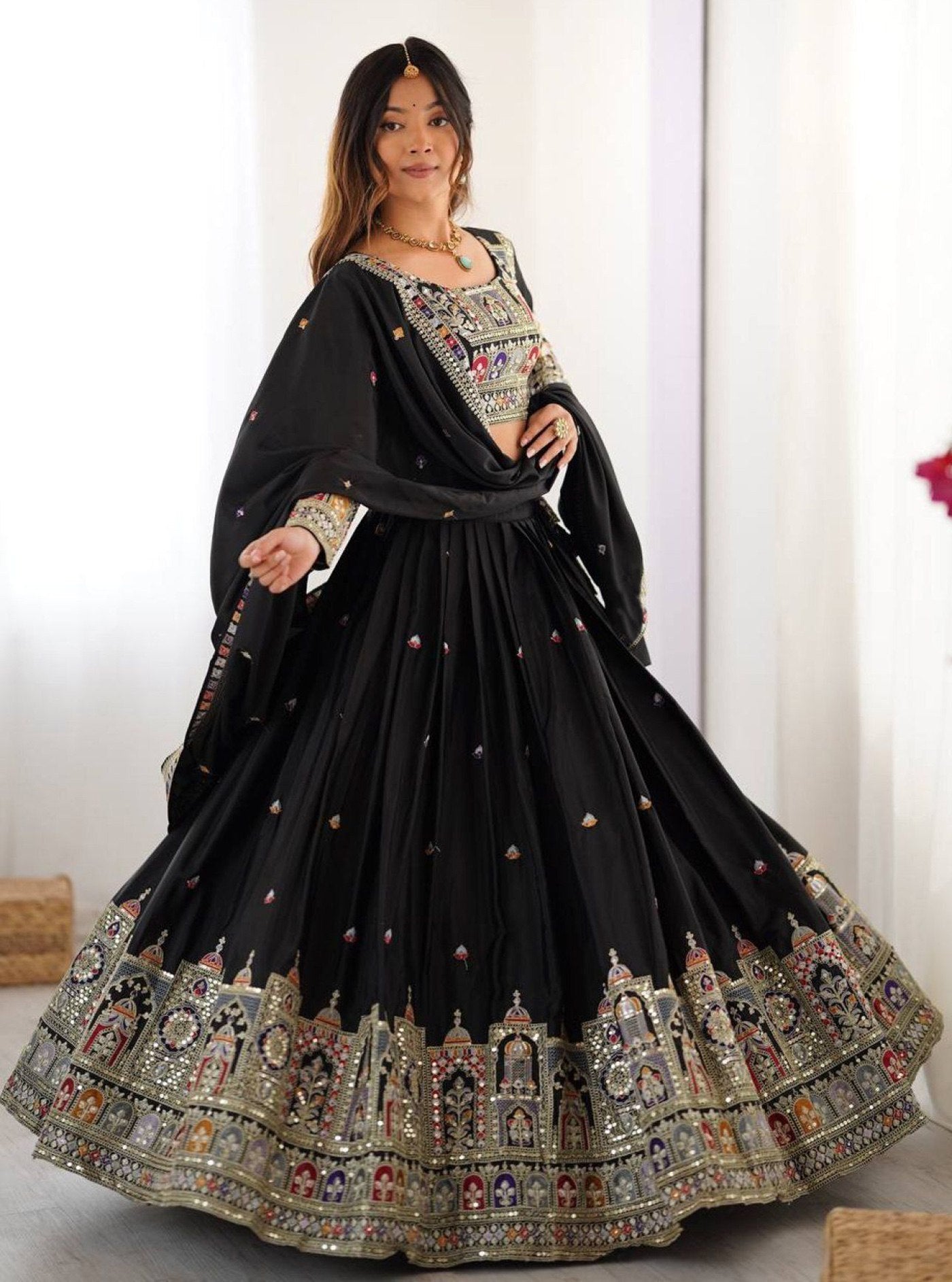 Women's Embroidered Chinon Semi Stitched Lehenga Choli with Sequins Chinon Dupatta