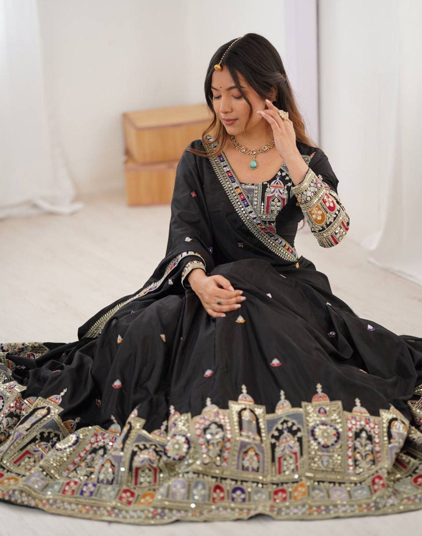 Women's Embroidered Chinon Semi Stitched Lehenga Choli with Sequins Chinon Dupatta