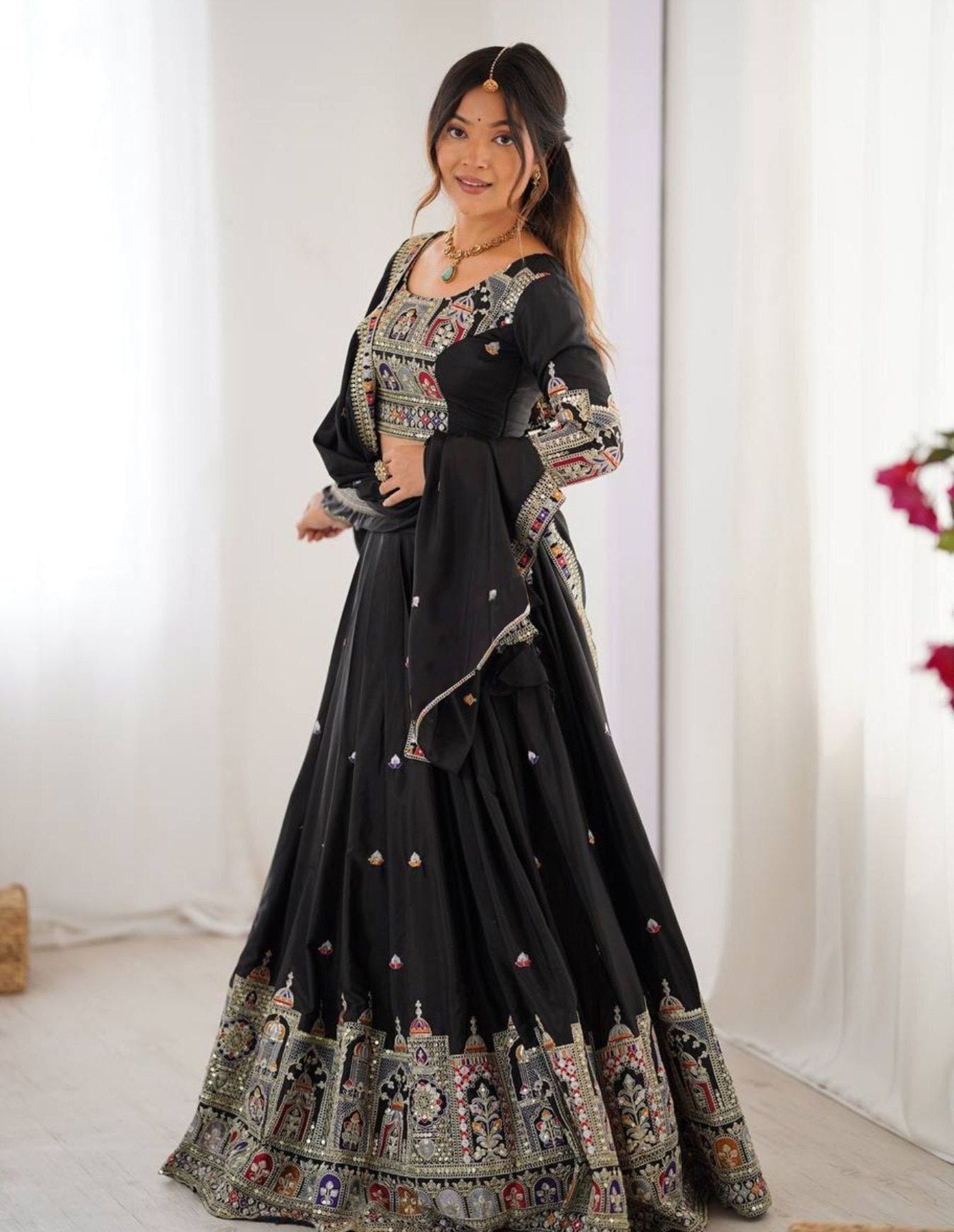 Women's Embroidered Chinon Semi Stitched Lehenga Choli with Sequins Chinon Dupatta