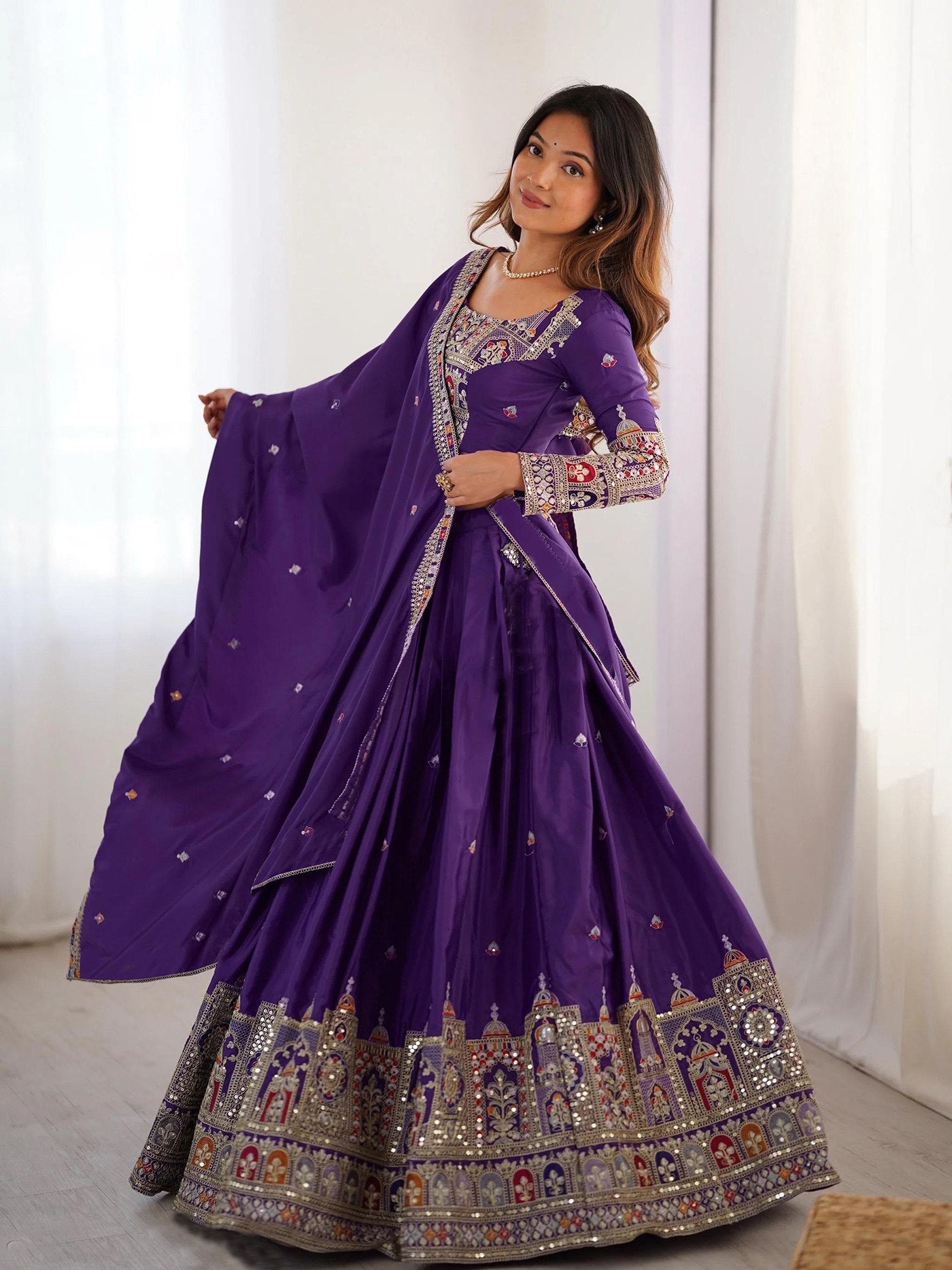 Women's Embroidered Chinon Semi Stitched Lehenga Choli with Sequins Chinon Dupatta