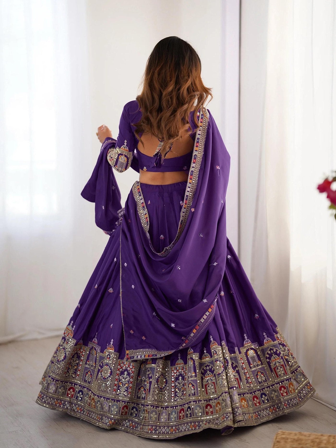 Women's Embroidered Chinon Semi Stitched Lehenga Choli with Sequins Chinon Dupatta
