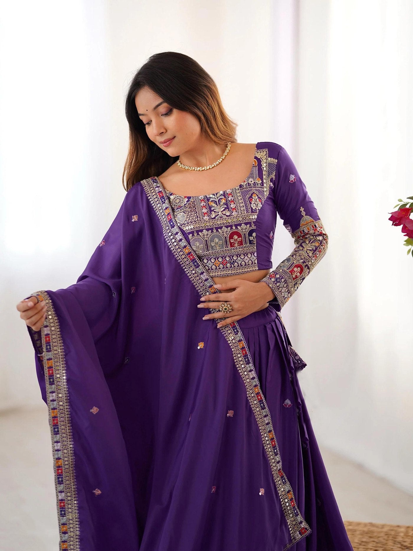 Women's Embroidered Chinon Semi Stitched Lehenga Choli with Sequins Chinon Dupatta