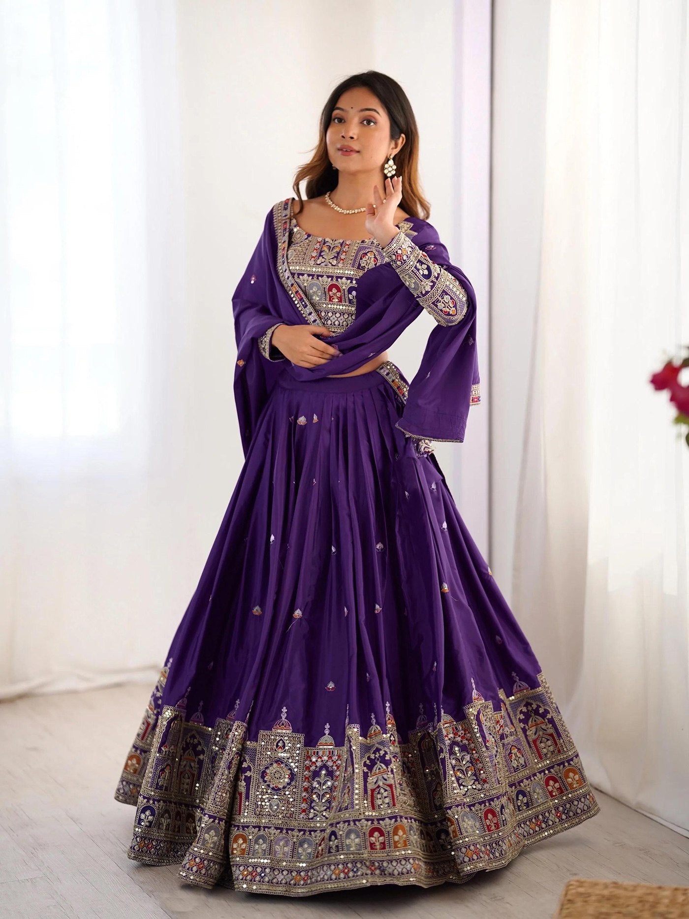 Women's Embroidered Chinon Semi Stitched Lehenga Choli with Sequins Chinon Dupatta